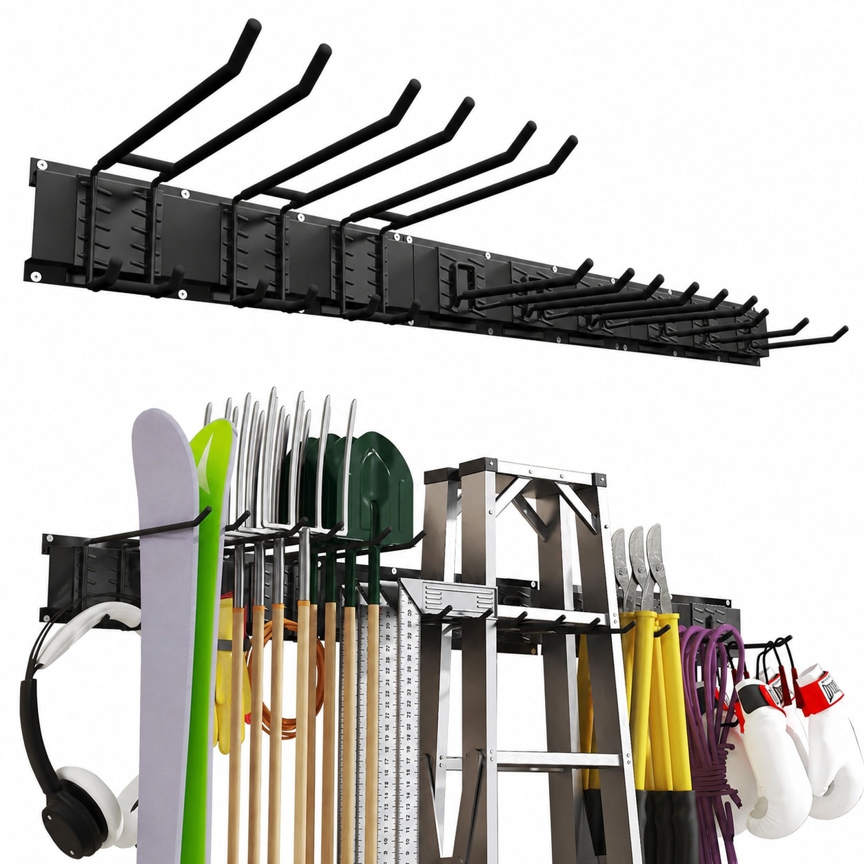 LAIFUCAM  64 Inch Garage Tool Organizer Wall Mount Adjustable Metal Storage Rack with 4 Racks and 12 Hooks Heavy Duty for Garden Tools Yard Shed