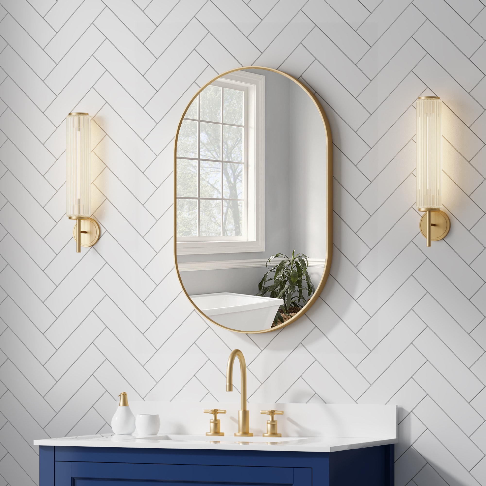 WELLFOR F2MR2032BG BELLA 20-Inches x 32-Inches Framed Oval Bathroom Vanity Mirror ( Gold )