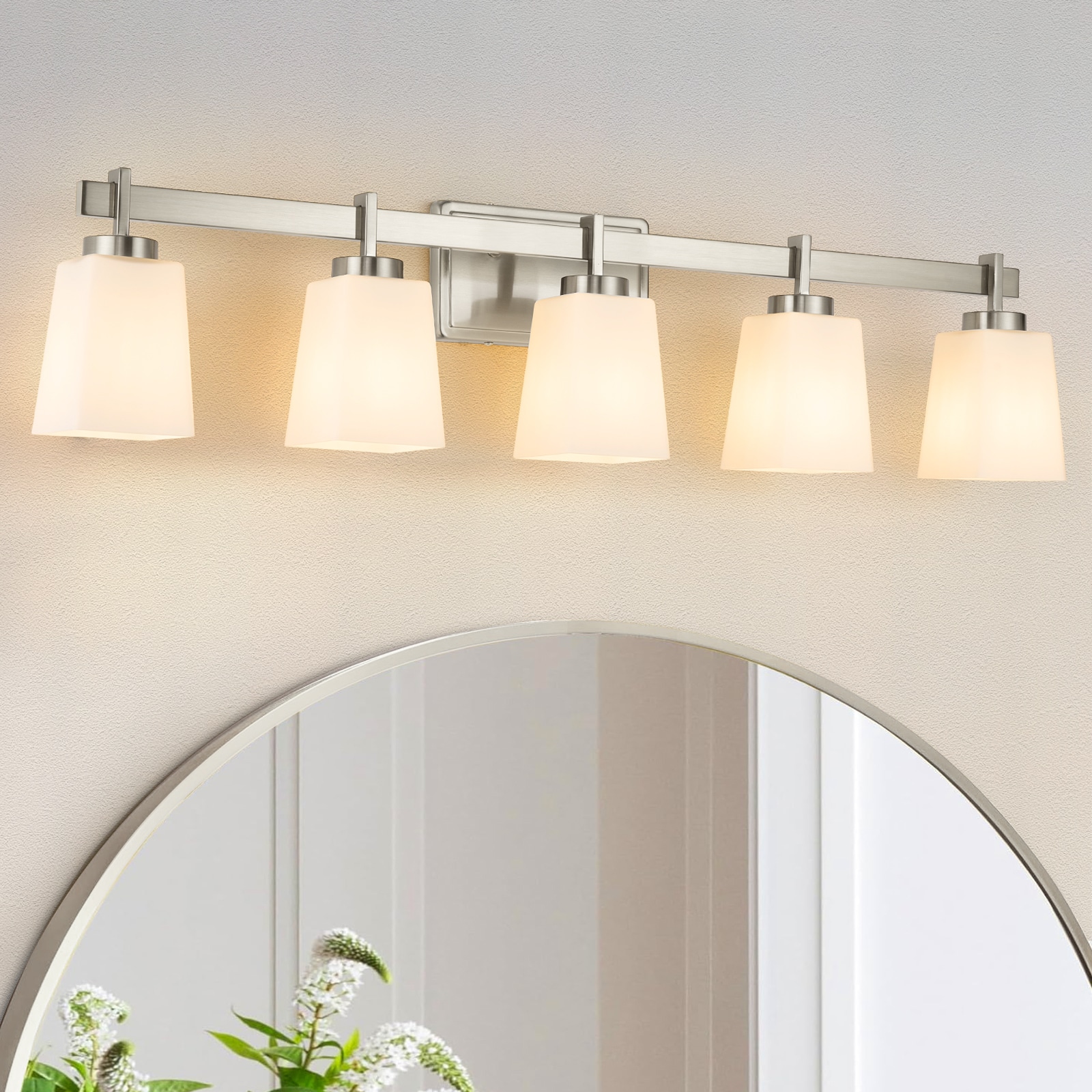 FDPBY 36 Inch 5 Light Brushed Nickel Modern Bathroom Vanity Light with Milk Glass Shades ETL Certificated