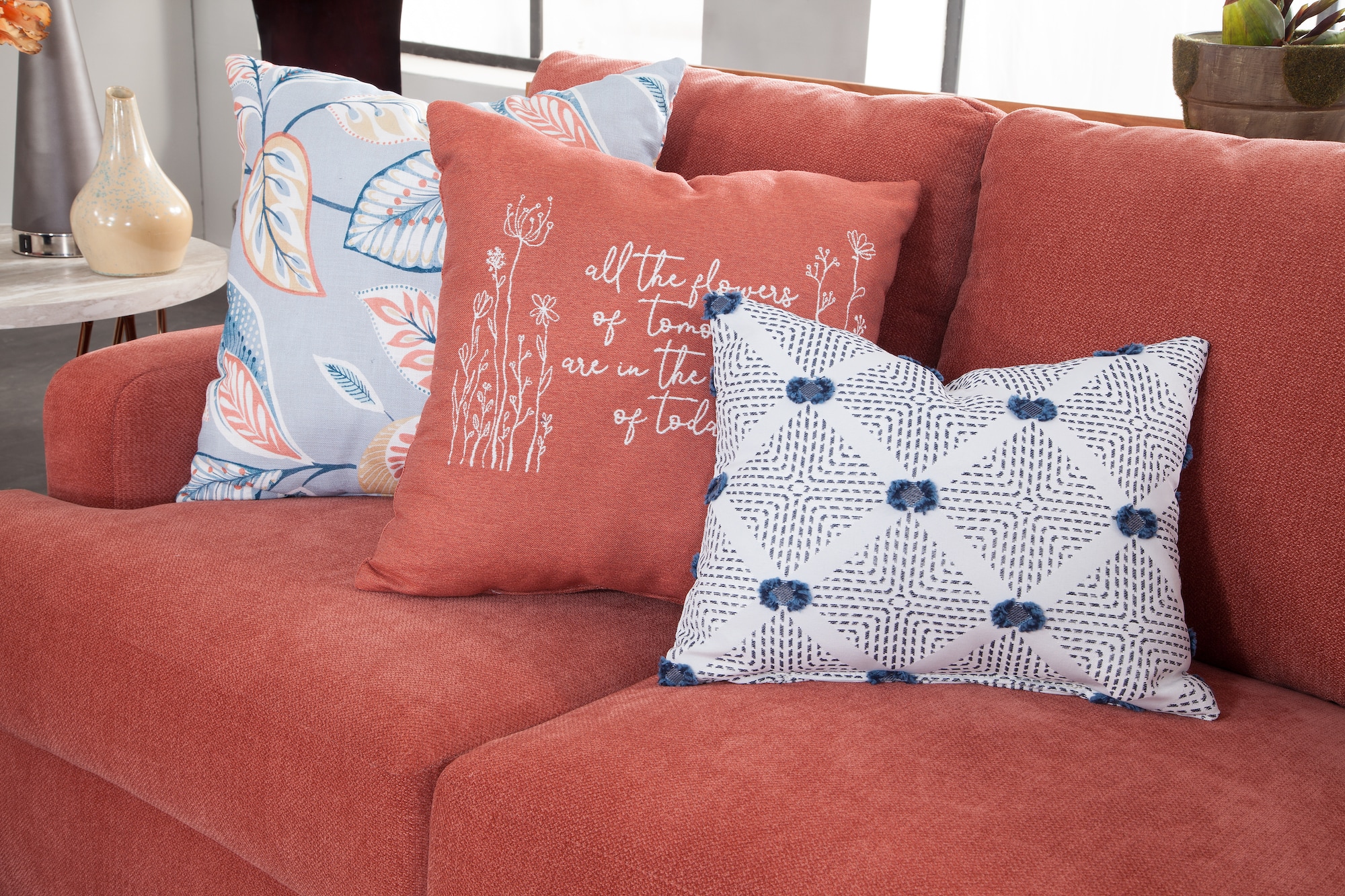 Ivory and Blue Two-Piece Fabric Sectional Sofa with Chaise