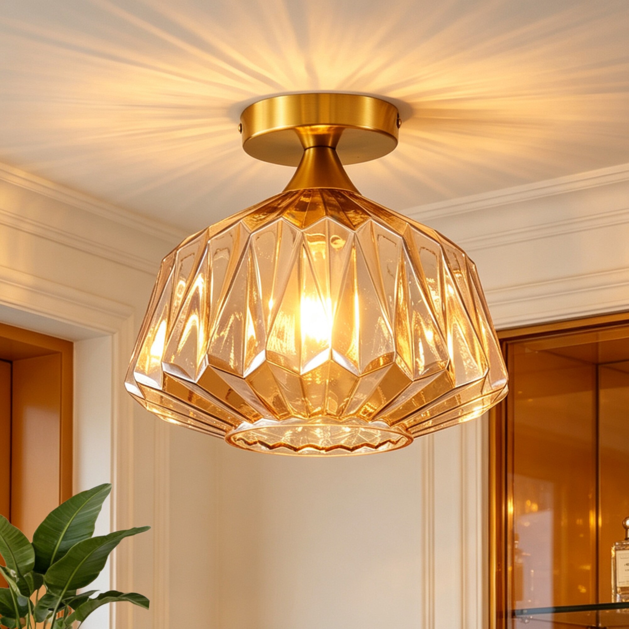 Lanmate  Modern Gold Flush Mount Light with Geometric Amber Glass Shade for Indoor Home Decoration 11.81-in