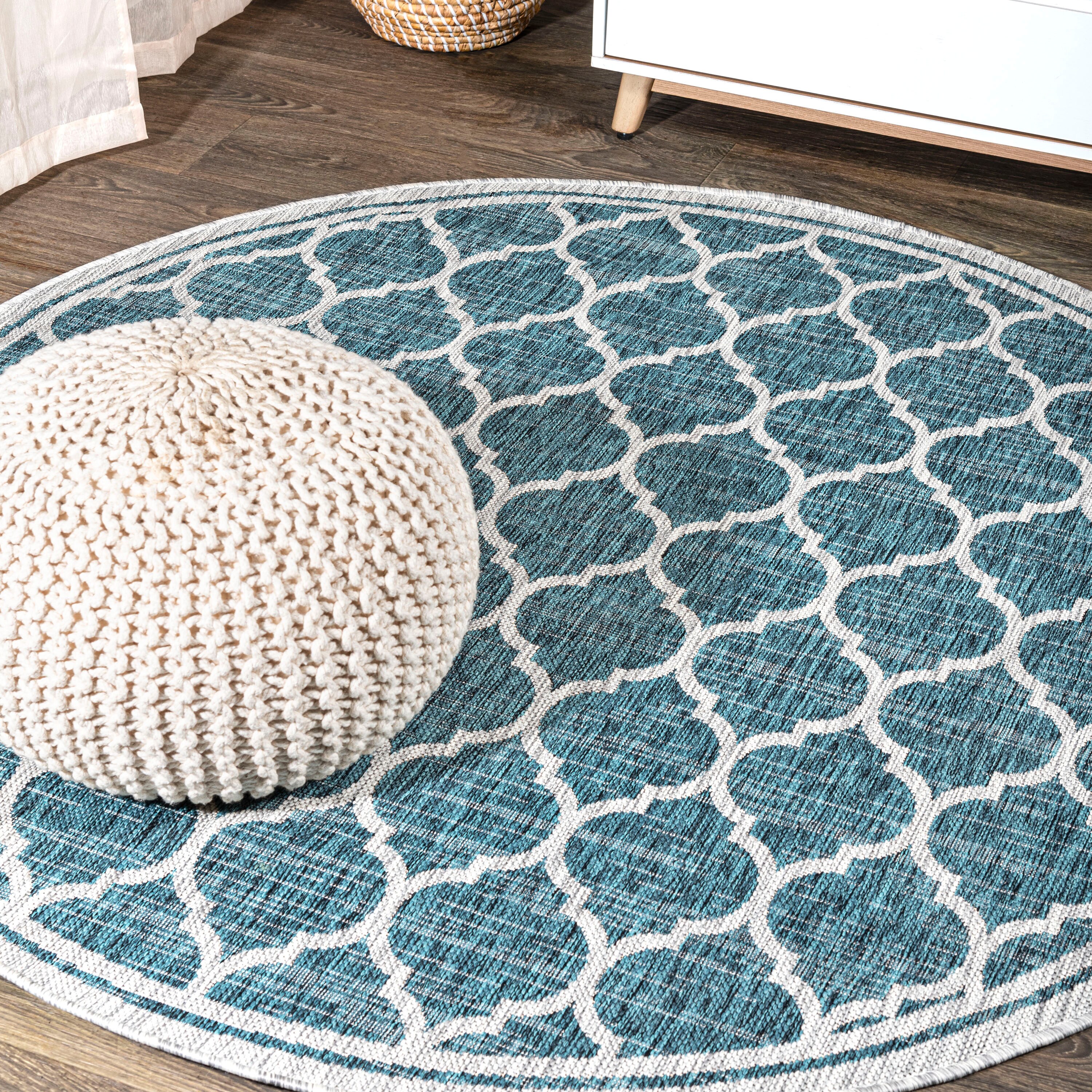 JONATHAN  Y SMB109E-5R Santa Monica Trebol Filigree Textured Weave 5 x 5 (ft) Loomed Polypropylene Teal/Gray Round Indoor/Outdoor Tribal Moroccan Area rug