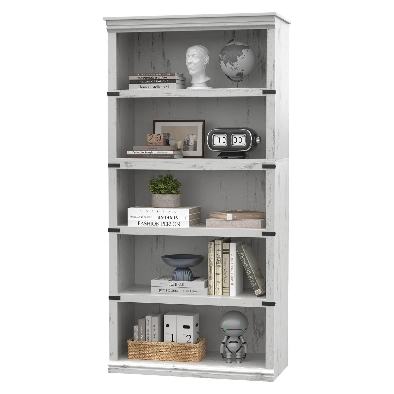 Qeetex - White 67.4 Inch Tall with 31.4 Inch Wide Farmhouse Wooden Bookcase with 5 Tier Storage S...