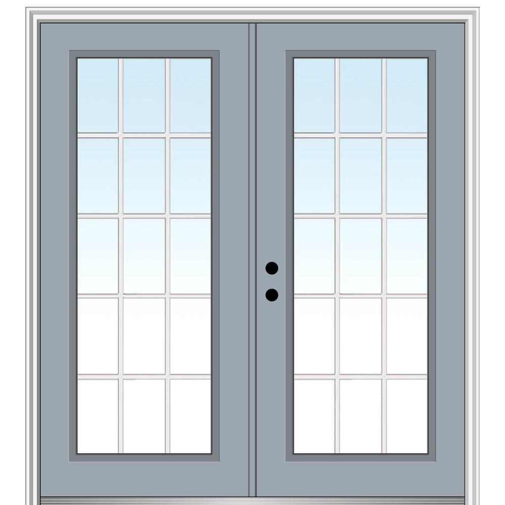 MMI DOOR ZZ13065R 64-in x 80-in x 4-9/16-in Fiberglass Full lite Right-hand inswing Storm Cloud Painted Prehung Double Front Door with Brickmould Insulating core with Grilles