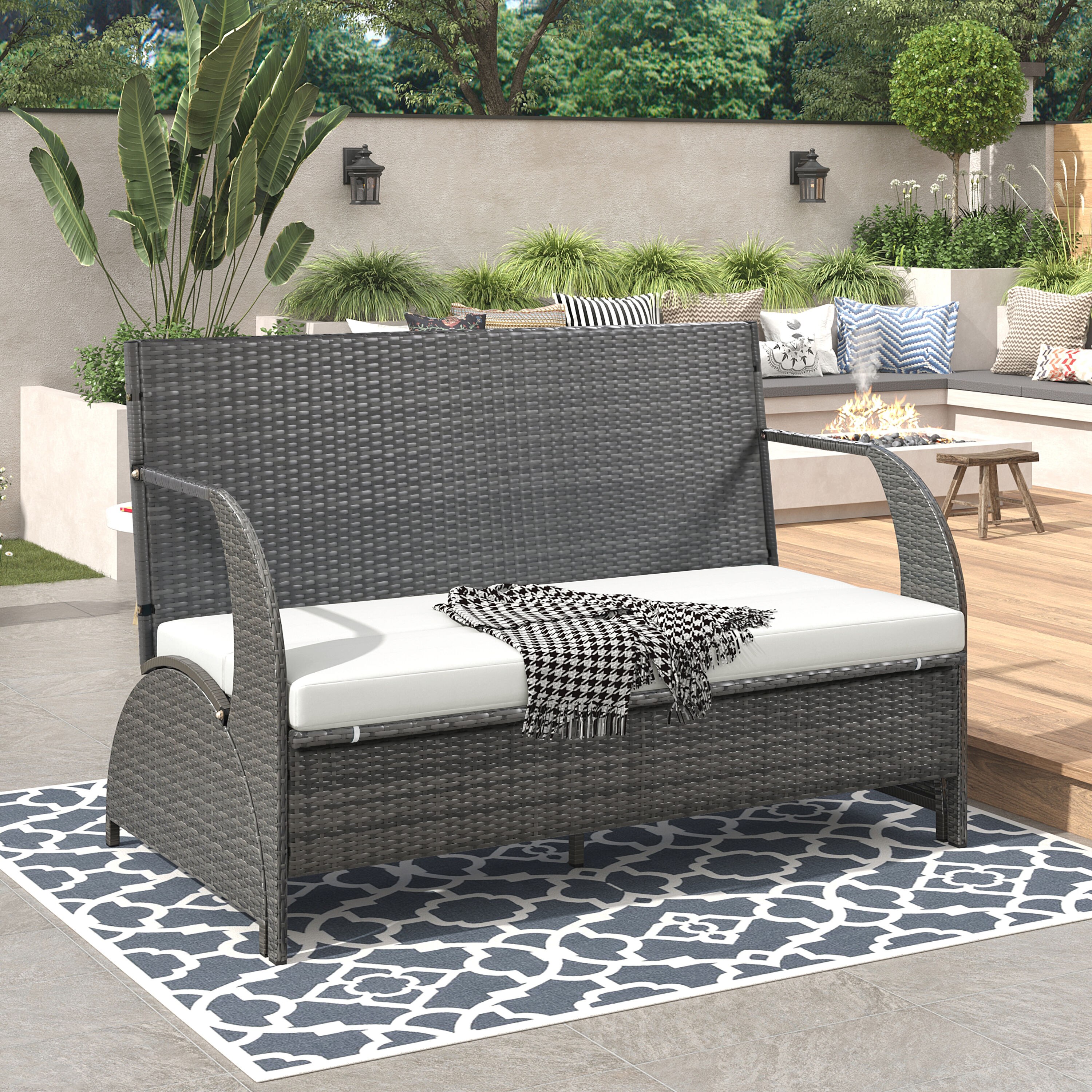 AHIOU HOME Liam Rattan Outdoor Loveseat With Beige Cushions And Iron ...