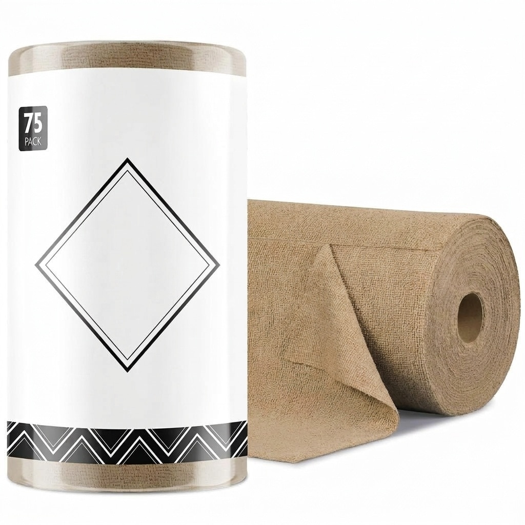 Phyfalip  Microfiber Cleaning Cloth Roll 75 Pack Tear Away Reusable Washable Ultra Absorbent Lint Free 12 x 12 Tan for Kitchen Garage Car Shop