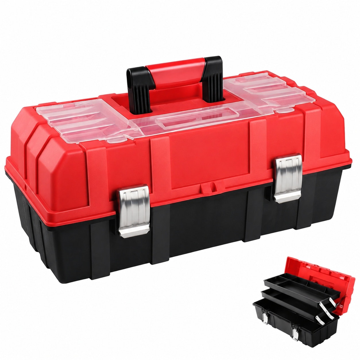 DYRCJ  16 Inch Three Layer Folding Plastic Tool Box Multi Function Organizer with Tray and Dividers Stainless Steel Lock Storage Toolbox