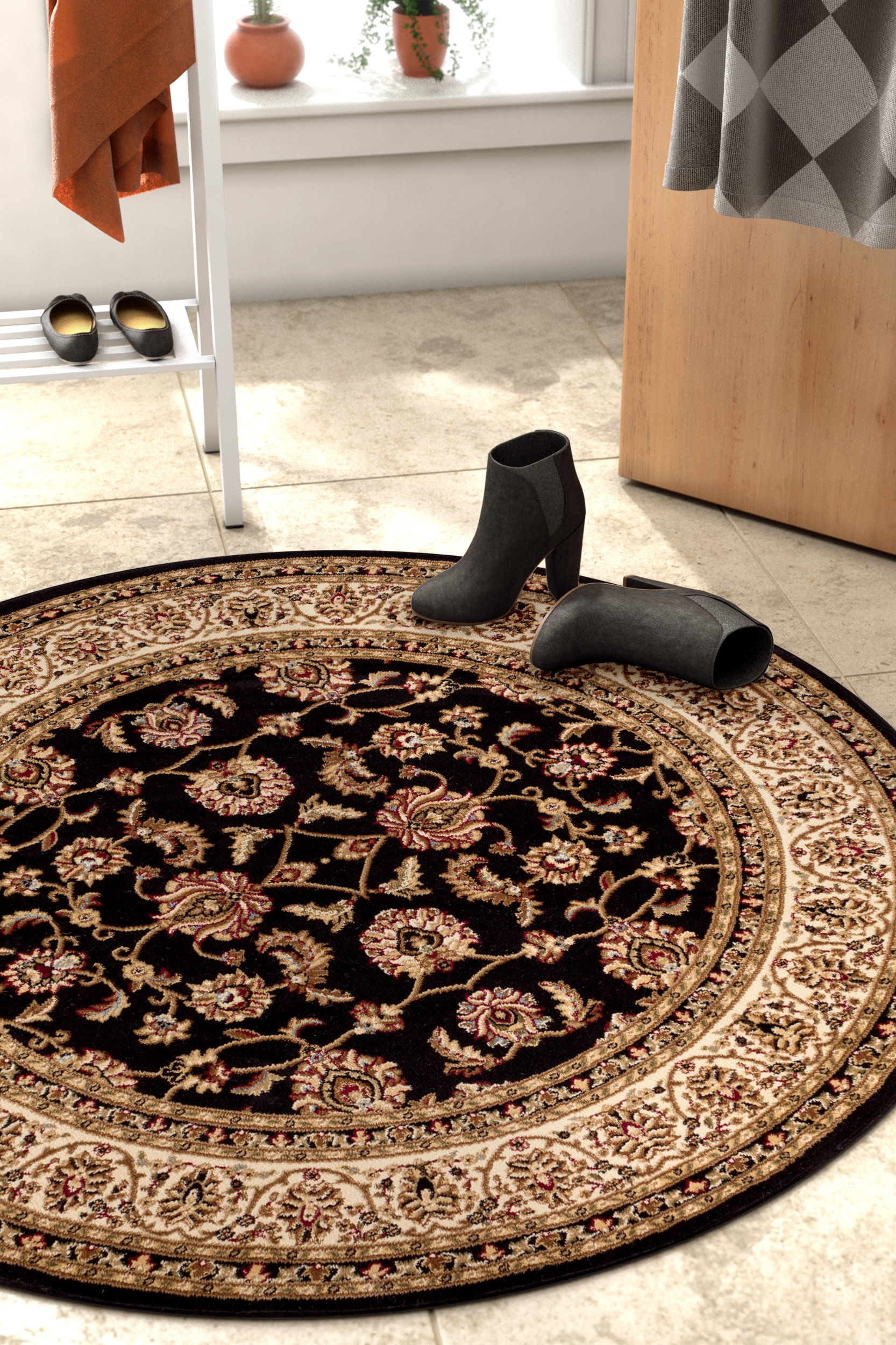 Well Woven 549334R 4 x 4 (ft) Loomed Polypropylene Black Round Indoor Medallion Persian Area rug