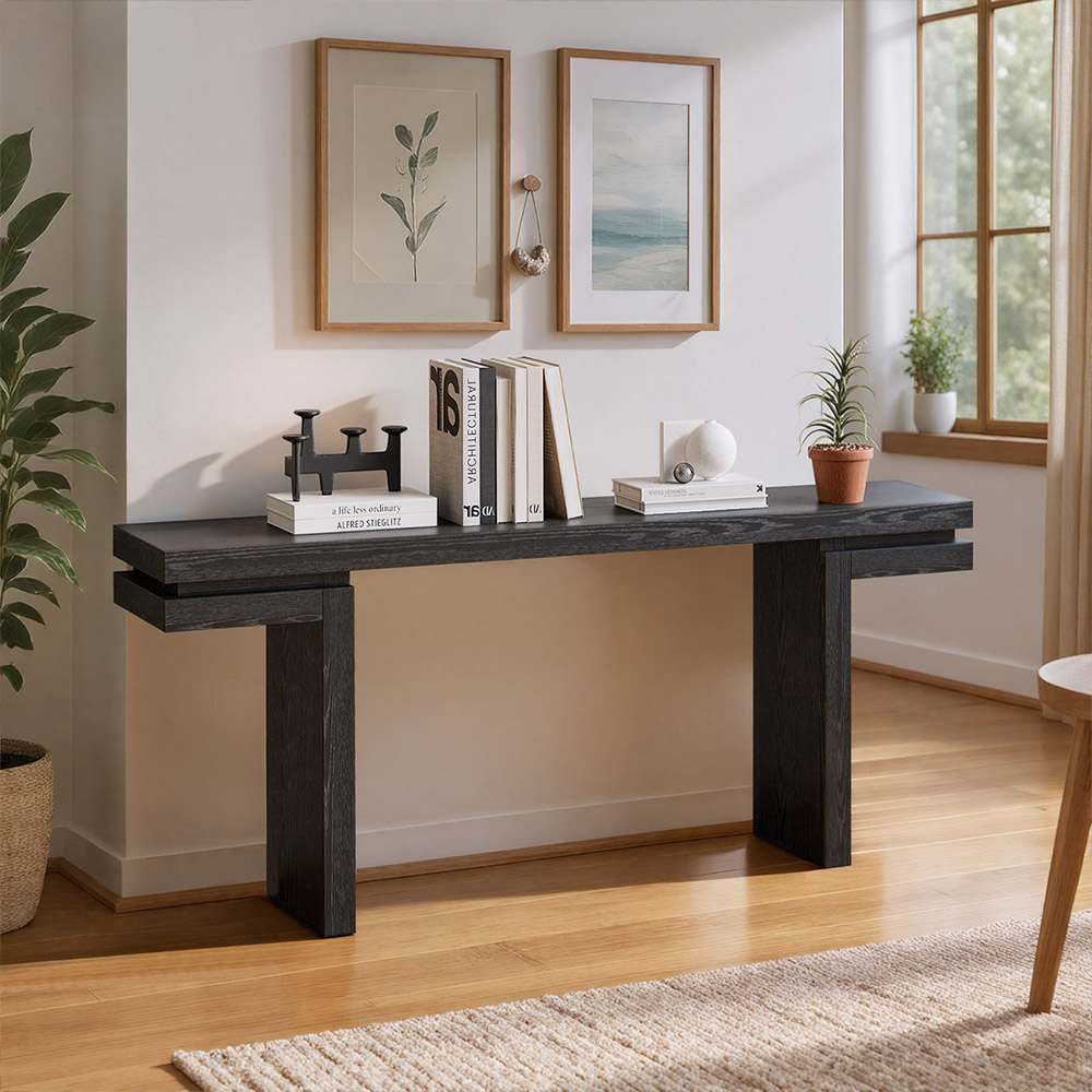 Coolbibila BELLA-CONSOLE-BLACK Distressed Black Wood Veneer Console Table 66 Inch Modern Narrow Entryway Sofa Table for Hallway