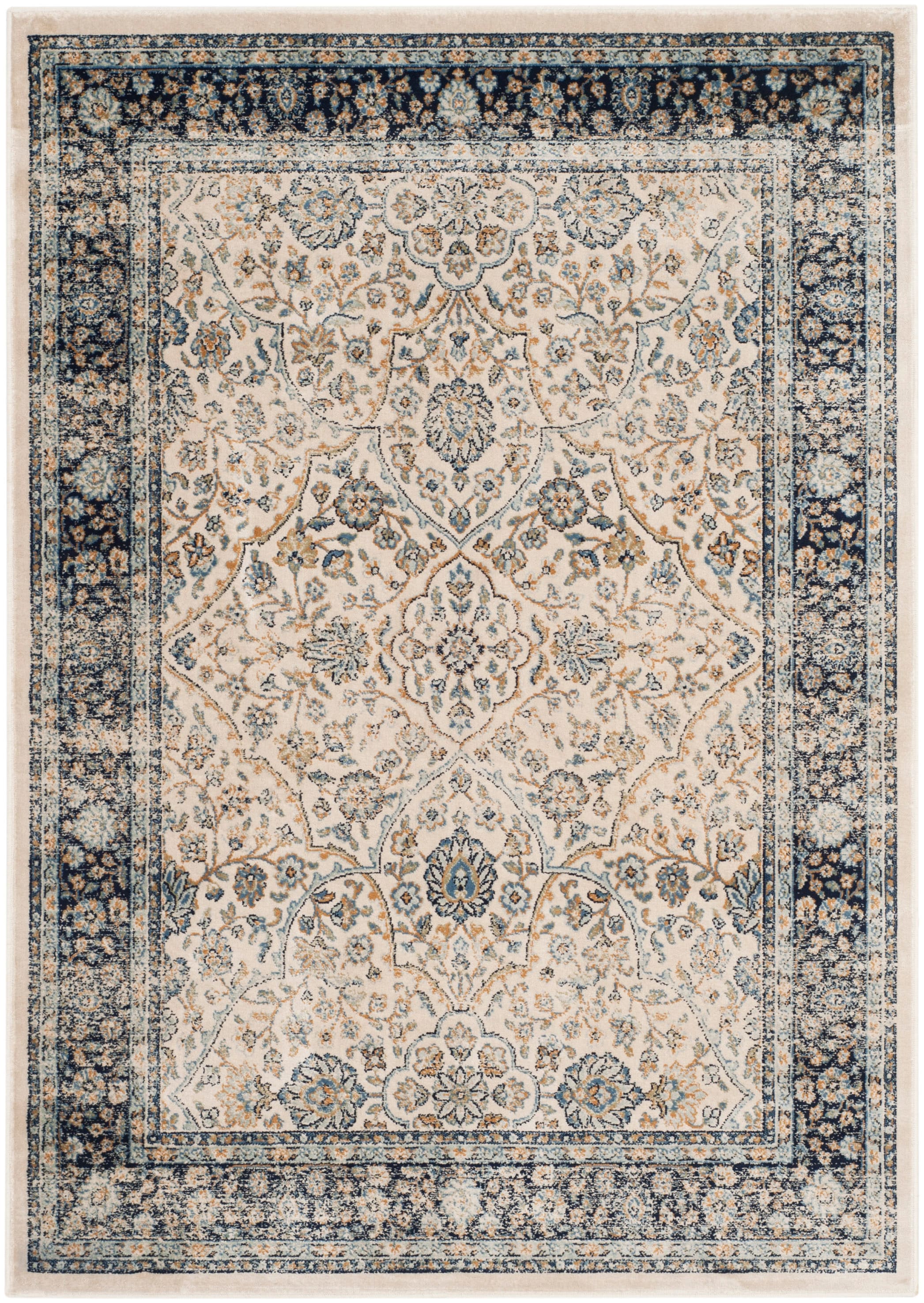Ivory and Navy Rectangular Wool and Viscose Area Rug