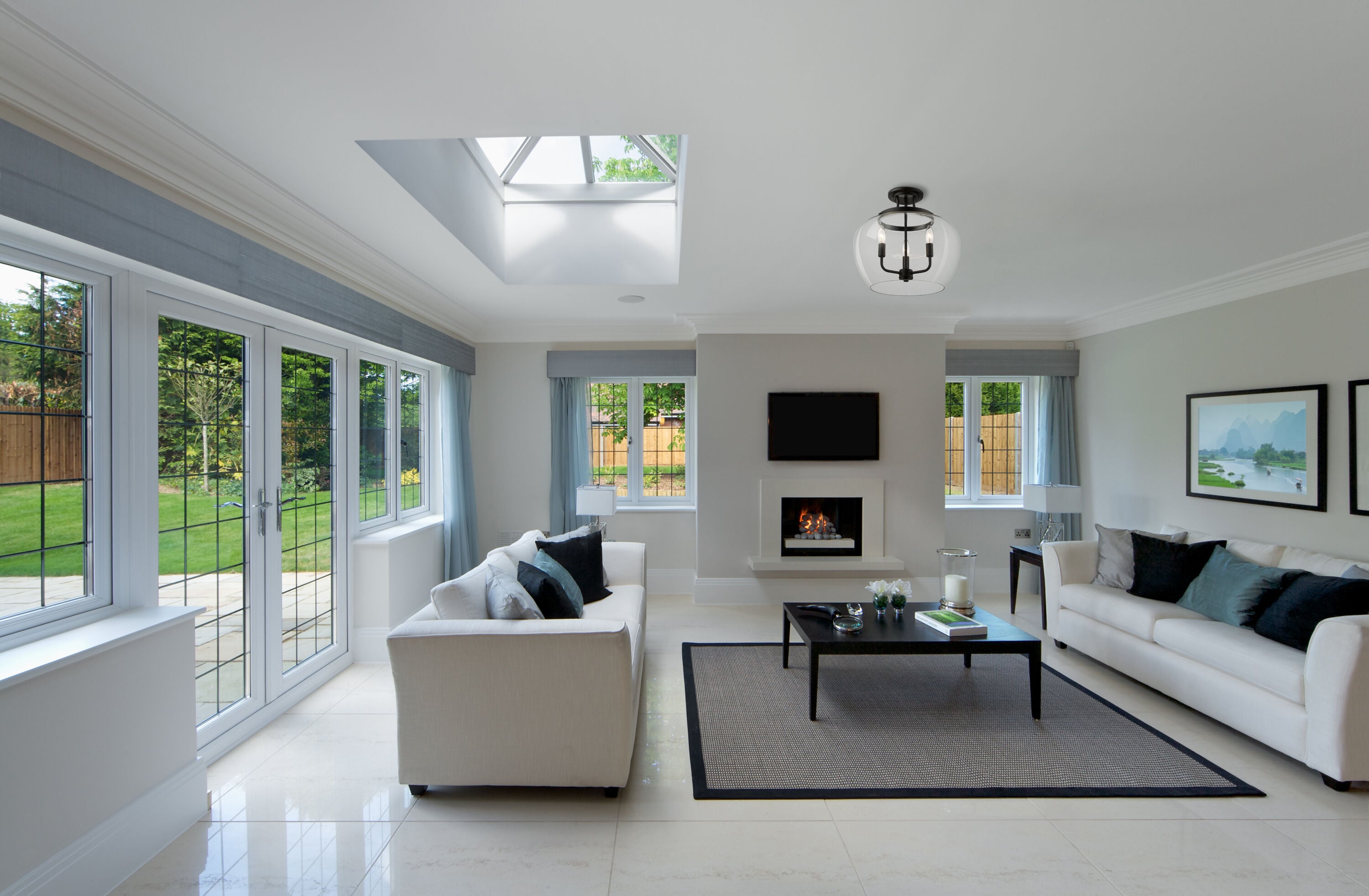Matte Black Glass 3-Light Semi-Flush Mount Ceiling Fixture