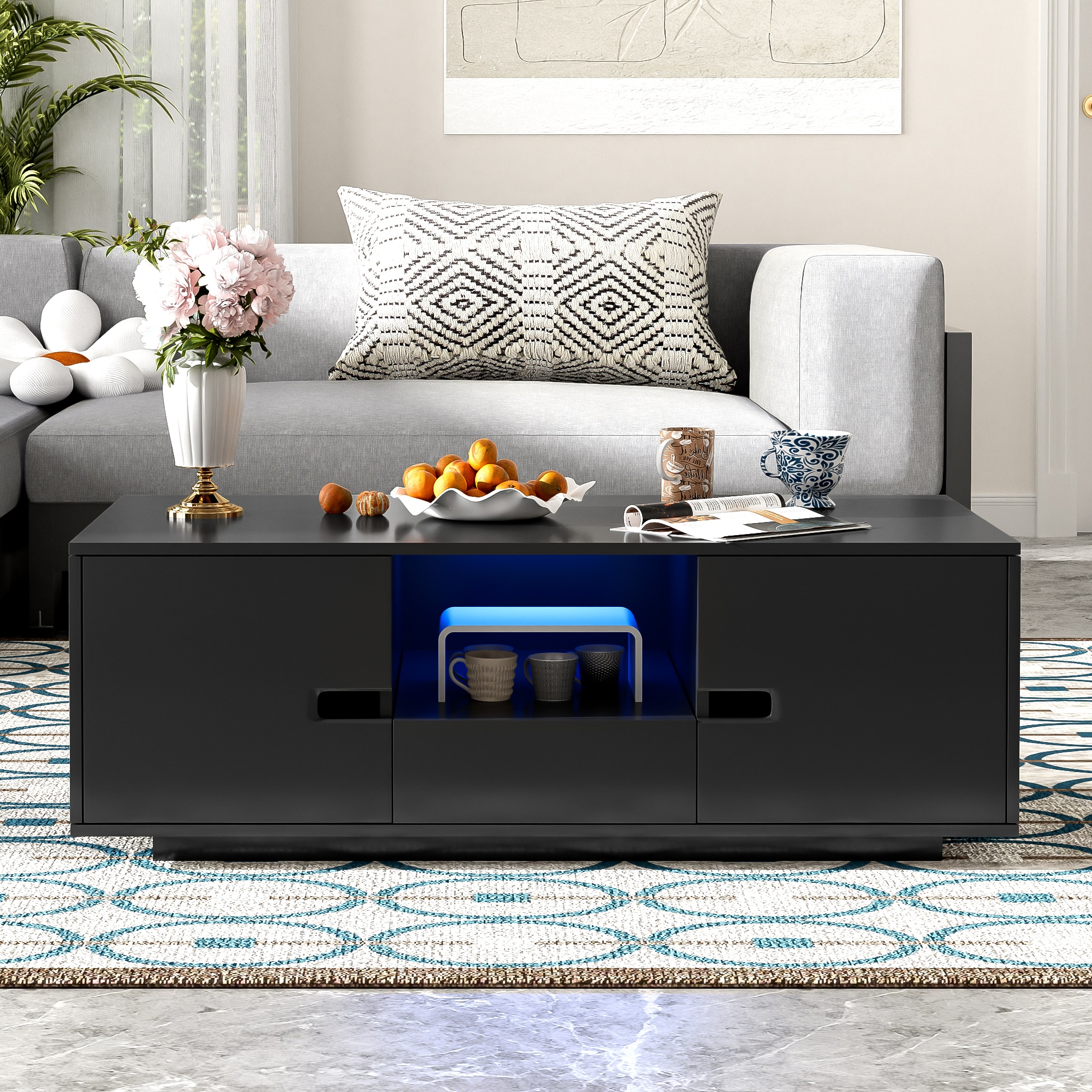 LOVMOR SF-Y-N724P294656B U Can Modern High Glossy Rectangle Coffee Table Stylish Center Table with Storage Space Accent Furniture with 16 Color LED Lights for Living Room