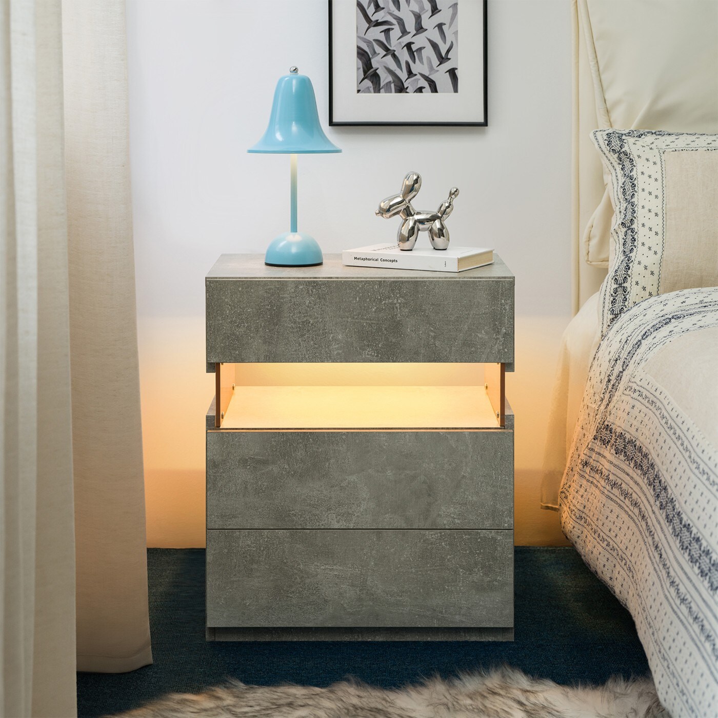 Huluwat Gray LED Nightstand 3 Drawer Dresser Acrylic Board RGB Lights ...