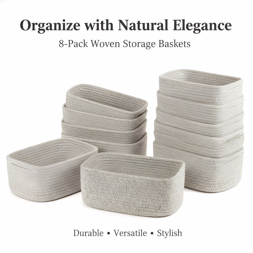 Baginizer  Small Woven Rope Storage Baskets 8 Pack Brown 11 5 Inch Decorative Cube Bins for Bathroom Closet Shelf Organizer for Towels Toys Nursery Gifts