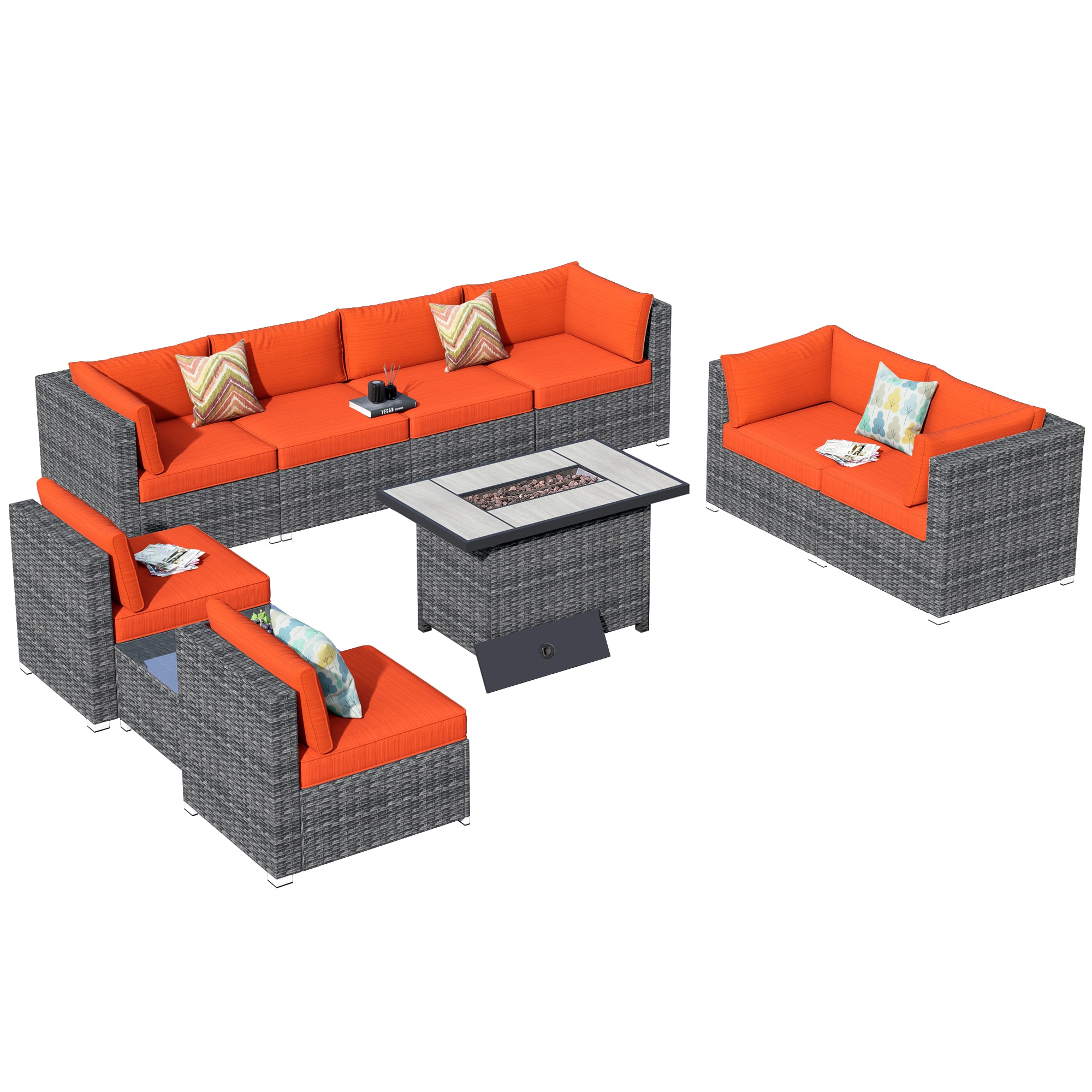 Pouuin SRFPHOP8-7-BOX1 10 -Piece Wicker Patio Sofa Conversation Set with Red Cushions