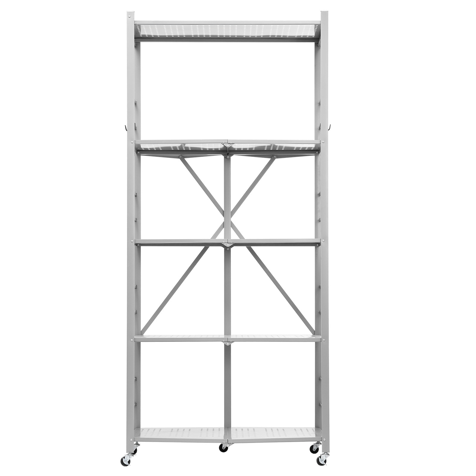 GIVIMO 5-Tier Foldable Storage Shelf 32-in W x 14-in D x 72-in H in Q235A Carbon Steel with No-Assembly Fold-Out Design 5 Swivel Wheels 2 with Brakes 4 J-Hooks 190-lb per Shelf 750-lb Static Capacity and 4.7-in Folded Depth in Grey for Pantries and Garages