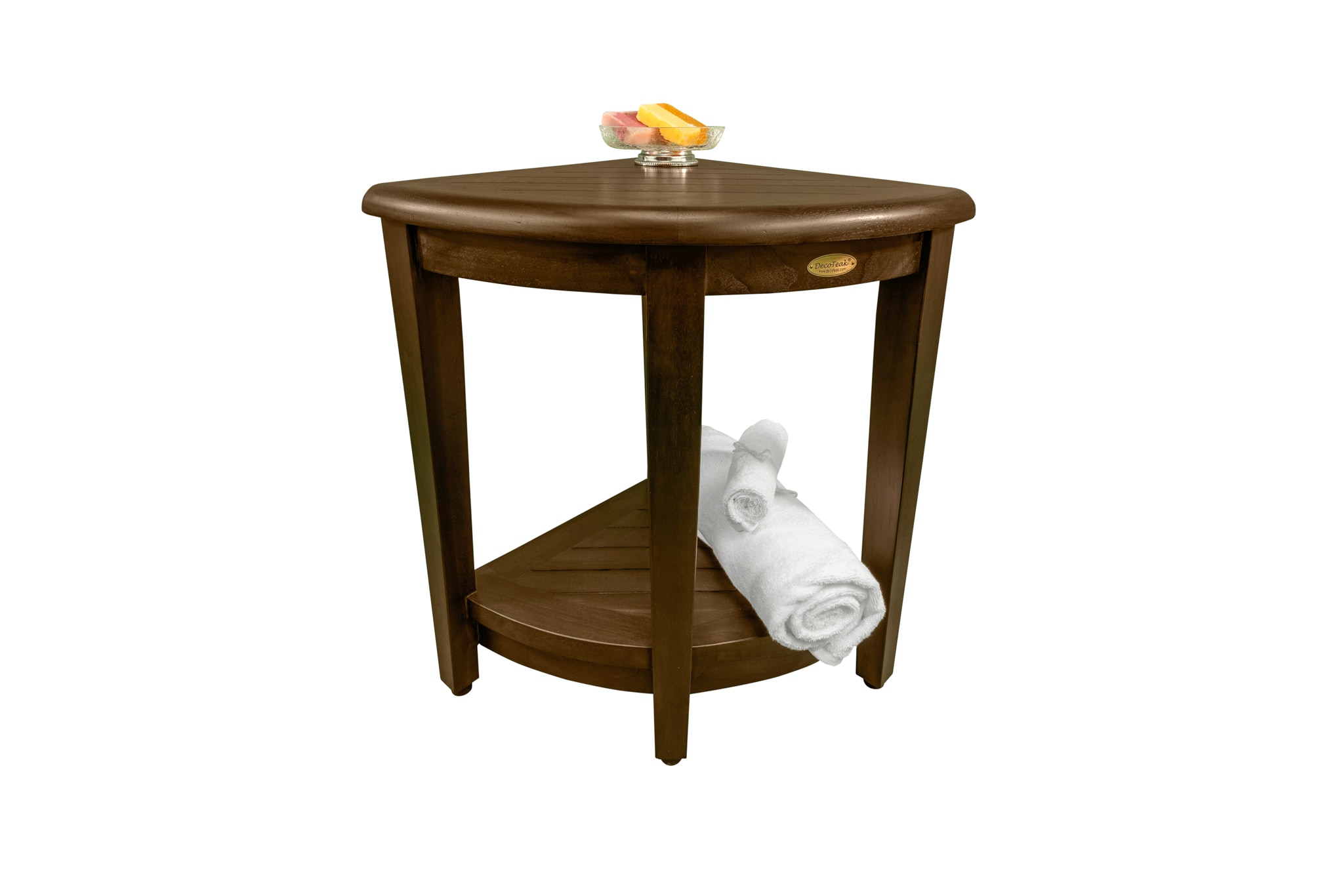 23" Dark Brown Teak Corner Shower Shelf with Adjustable Feet