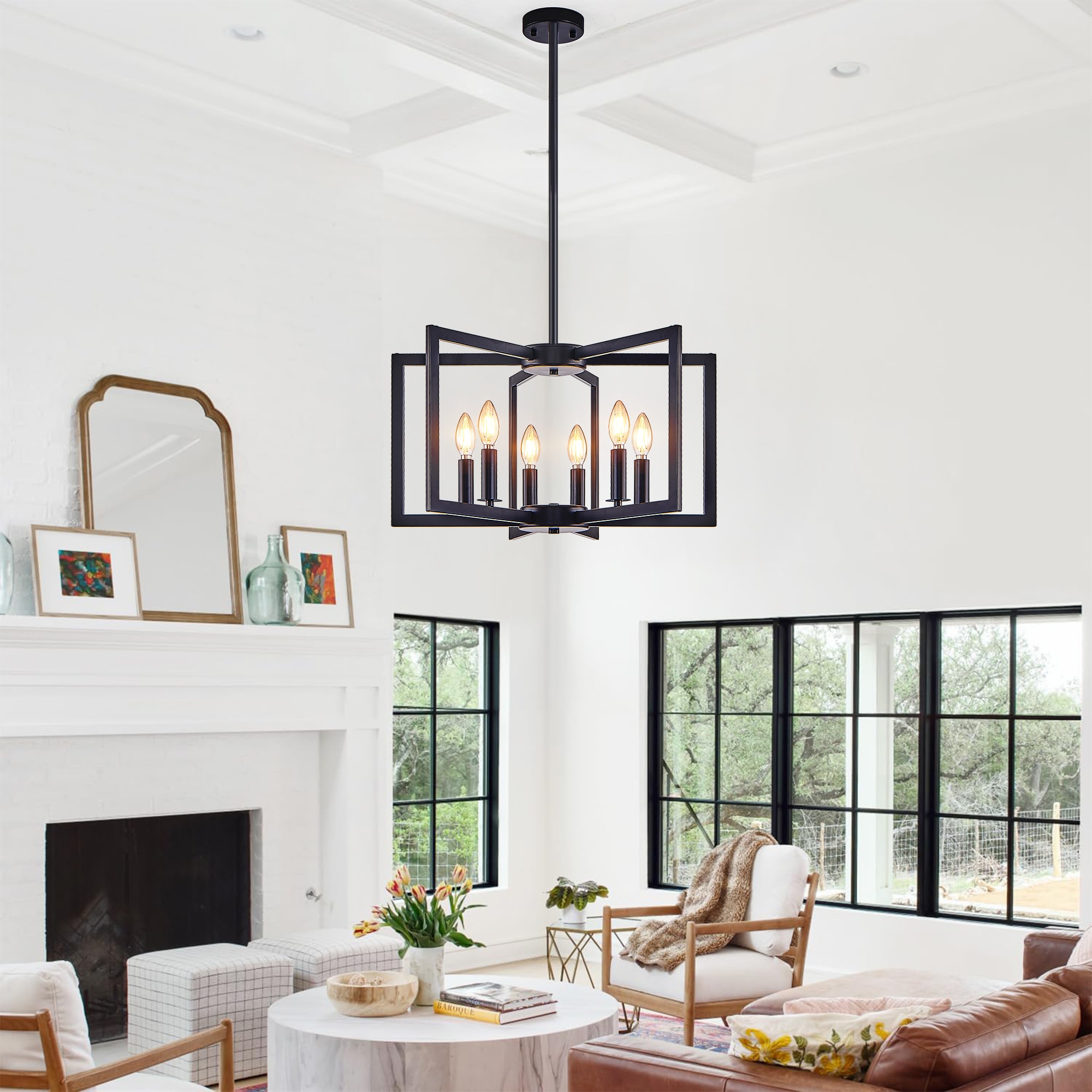 Tenleaf 22 Inch Industrial Modern Black Geometric 6-Light Chandelier Metal Pendant Light for Living Room Dining Room or Kitchen (Bulb Not Included)