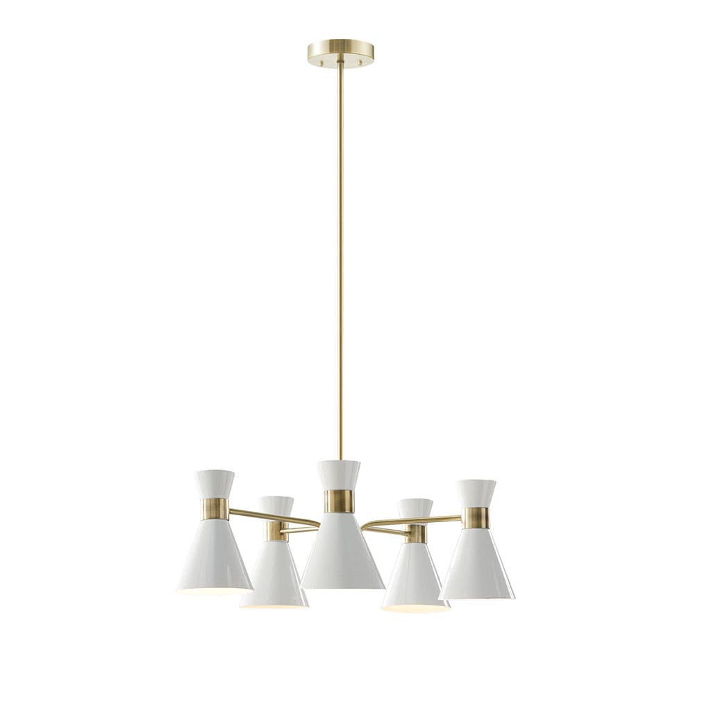 Ezra Mid-Century 5-Light Chandelier in Antique Brass with White Shades