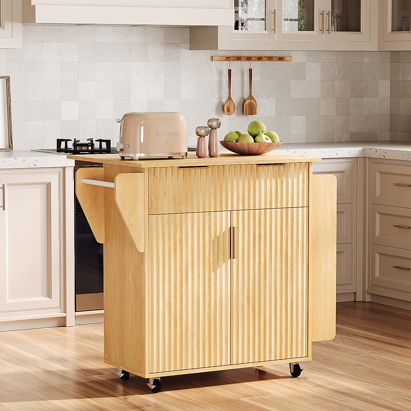 VINGLI 31W x 35H Fluted Kitchen Island Cart with 2-Doors 1-Drawer and Foldable Drop Leaf Oak