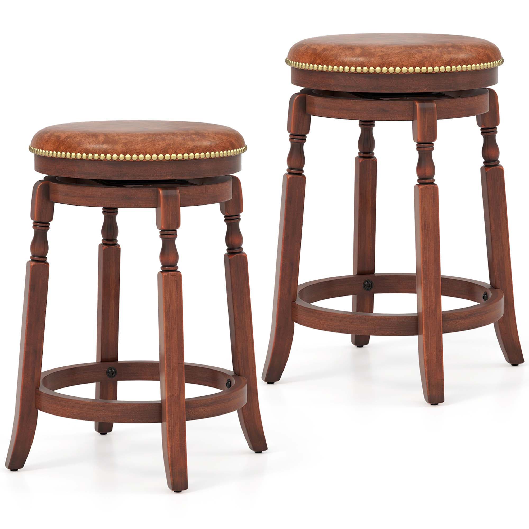 Costway HCST01516 Set of 2 Walnut + Brown 24-in H Counter height (24-in to 27-in) Round Seat Upholstered Swivel Wood Bar Stool
