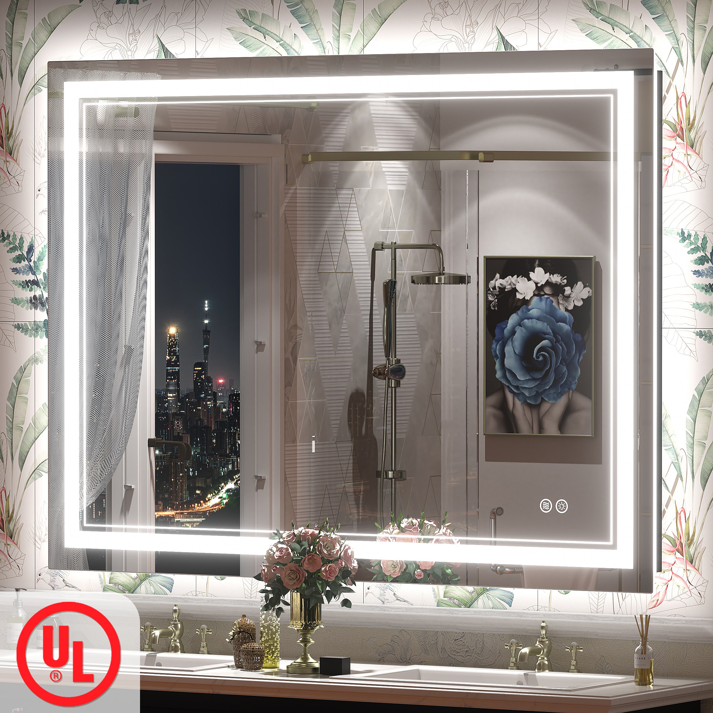 Apmir 48-in W x 36-in H UL Certified Front and Back LED Anti-Fog Stepless Dimmable 3-Color Lighting 3-Year Warranty Tempered Glass Bathroom Vanity Mirror