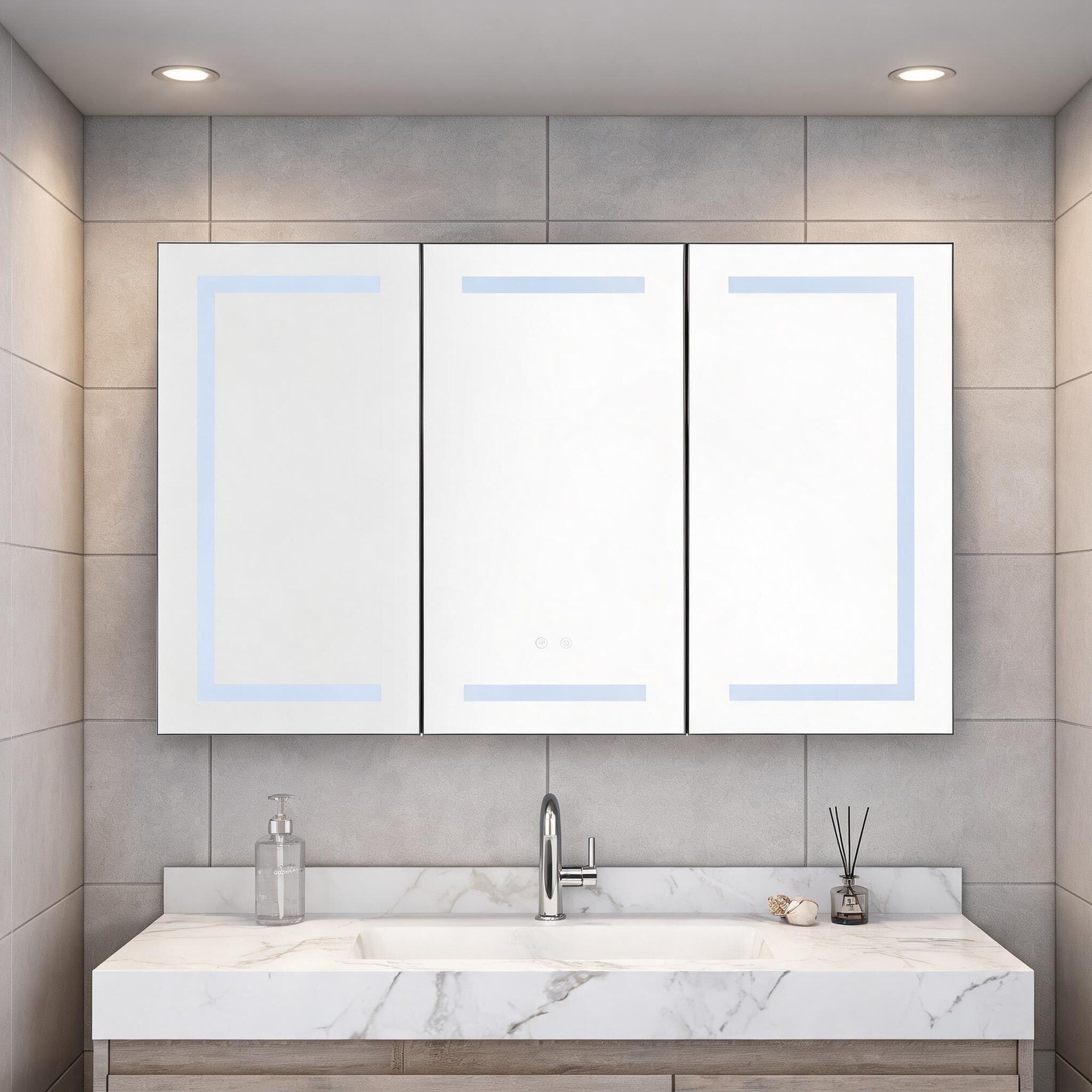 IAK 48 inch x 30 inch Matte Black Aluminum LED Lighted Bathroom Medicine Cabinet with Mirror with Dimmable Lighting and Anti-Fog Function
