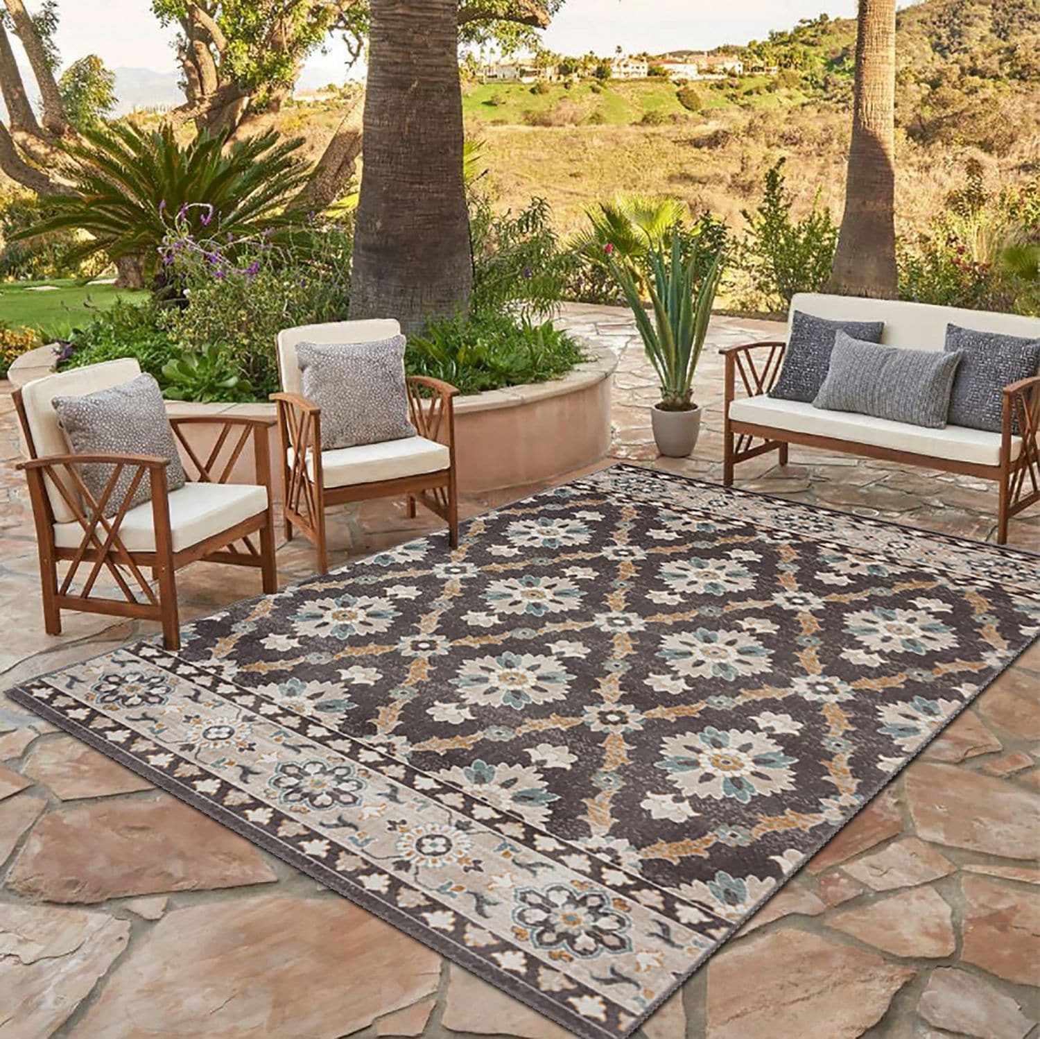 Reversible Rectangular Blue Floral Easy-Care Synthetic Area Rug