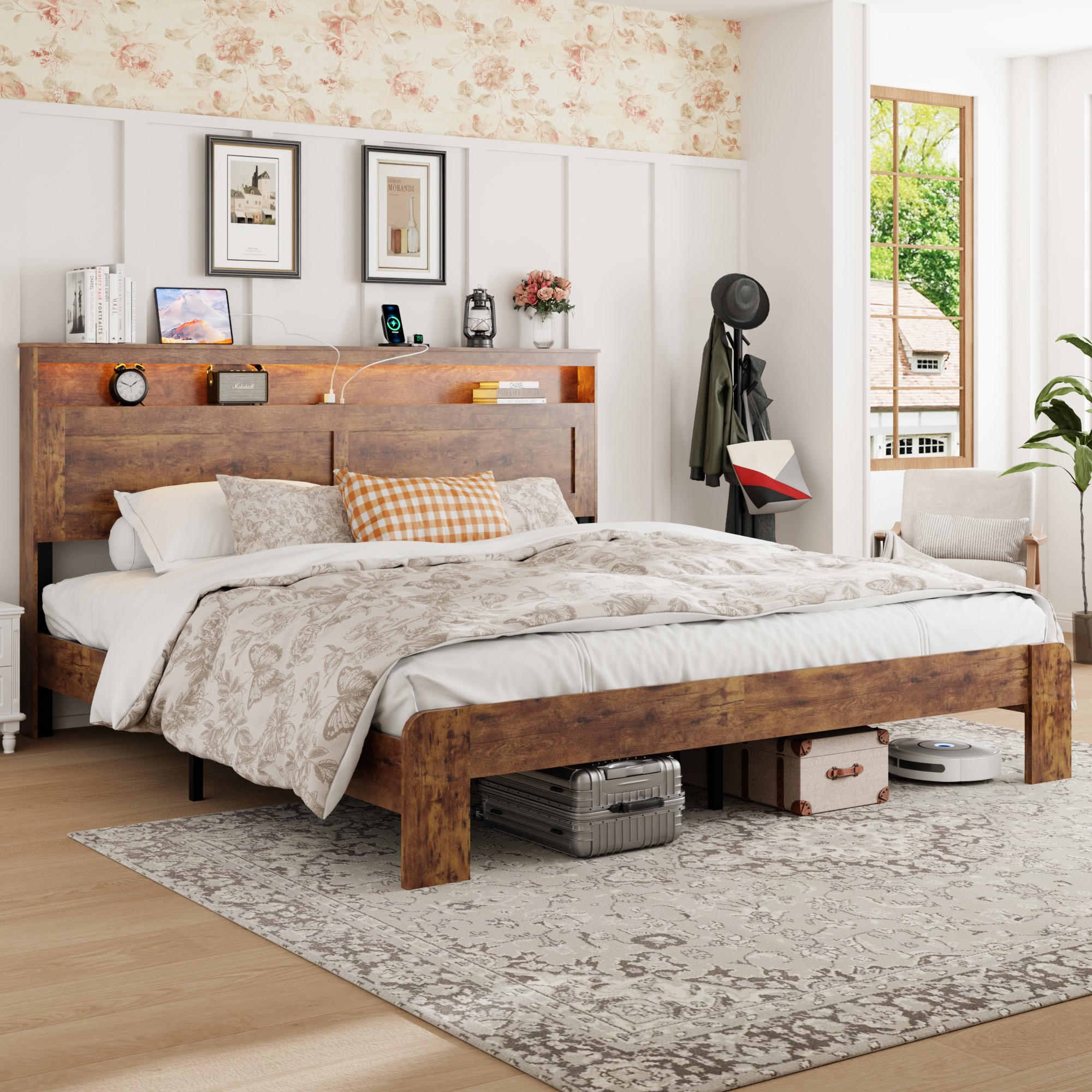 Clihome Queen Dark Brown Bed Frame with Headboard in the Beds ...