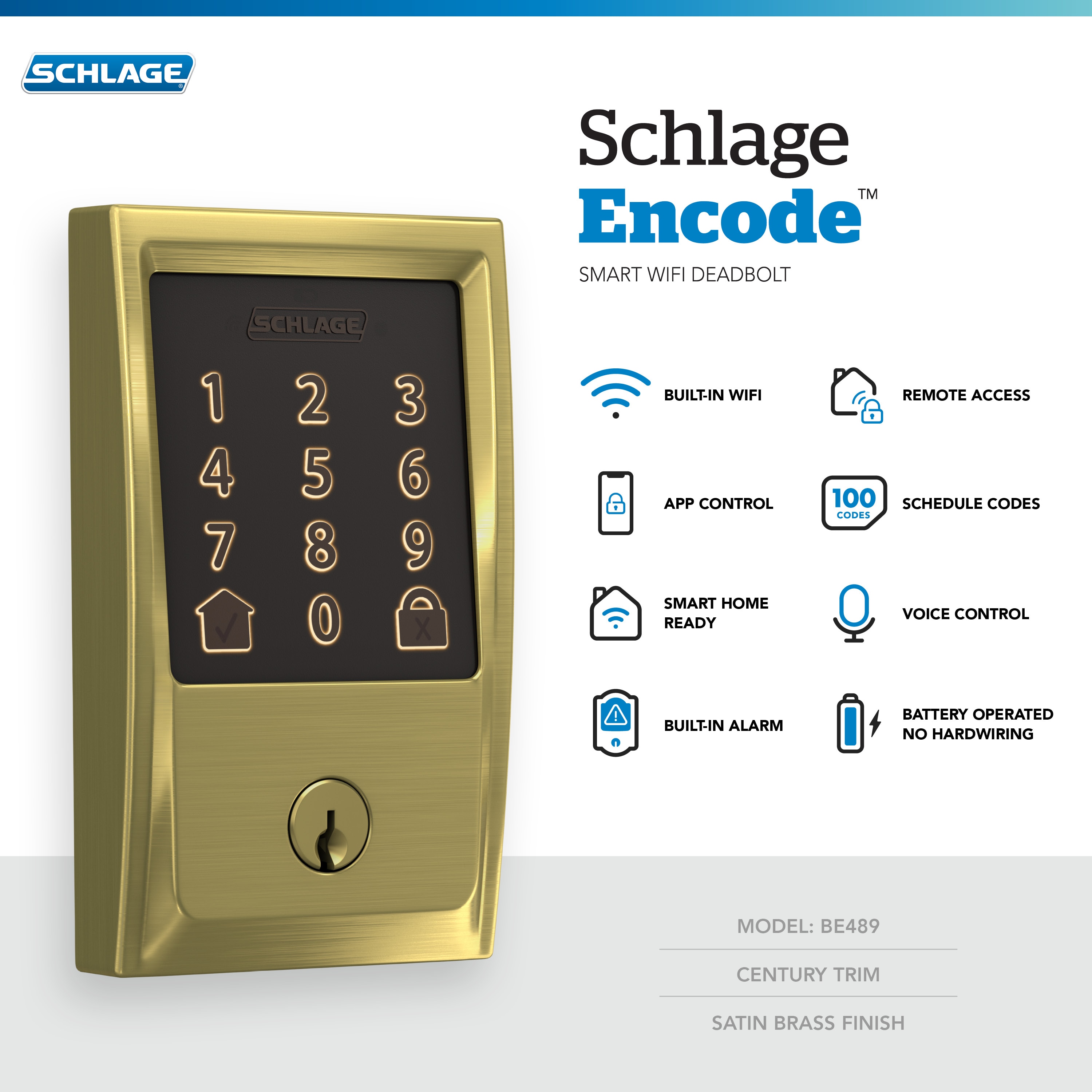 Schlage Encode Century Satin Brass Smart Lock Electronic Deadbolt with Wifi Bluetooth Touchscreen Keypad BE489WB V CEN 608 Sansujyuku sansujyuku.com