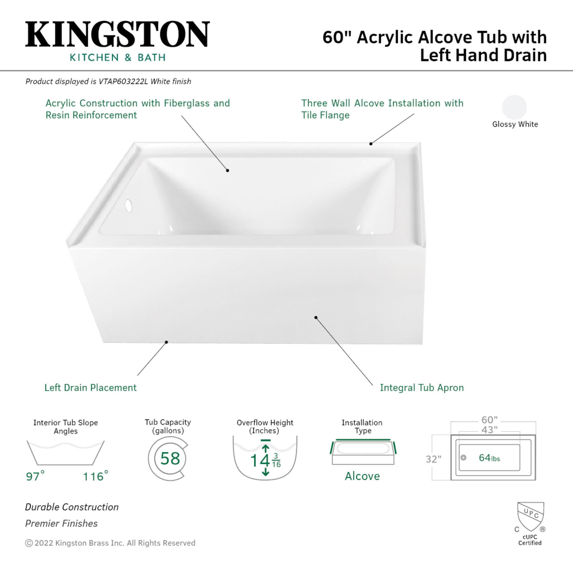 Kingston Brass UVTAP603222L bathtubs - View #3
