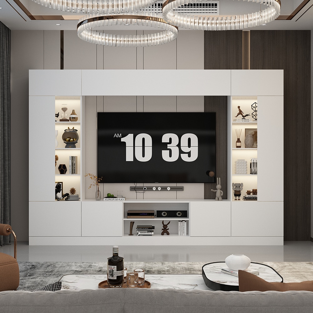 Homsee  White Wood 4 Piece Entertainment Center with Bookcases LED Lights and TV Stand for TVs up to 75 Inch 114.2''L x 11.8''W x 78.7''H