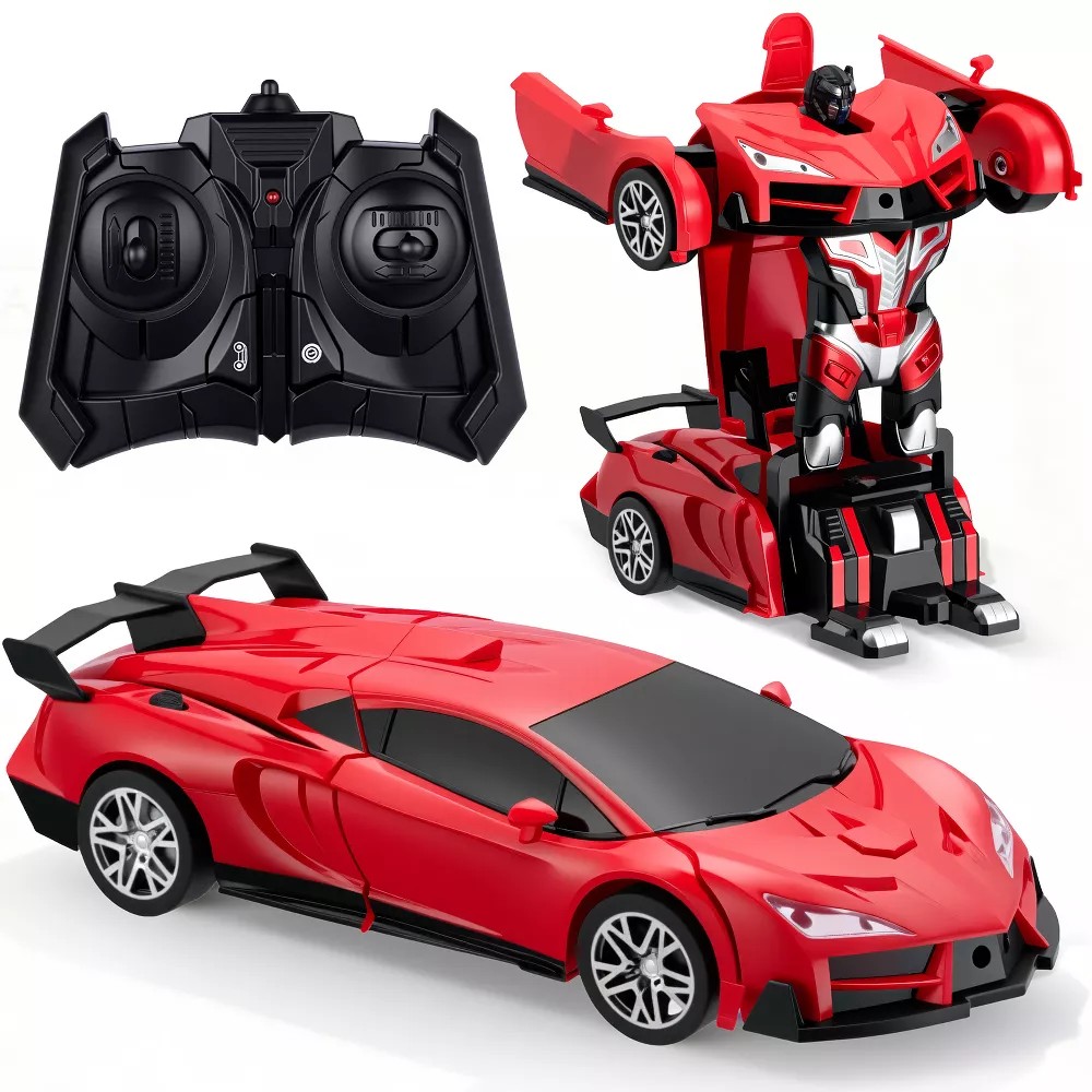 Fenbeli - 1:18 Transforming Robot Car Remote Control Toy with LED Lights and 360-Degree Spins