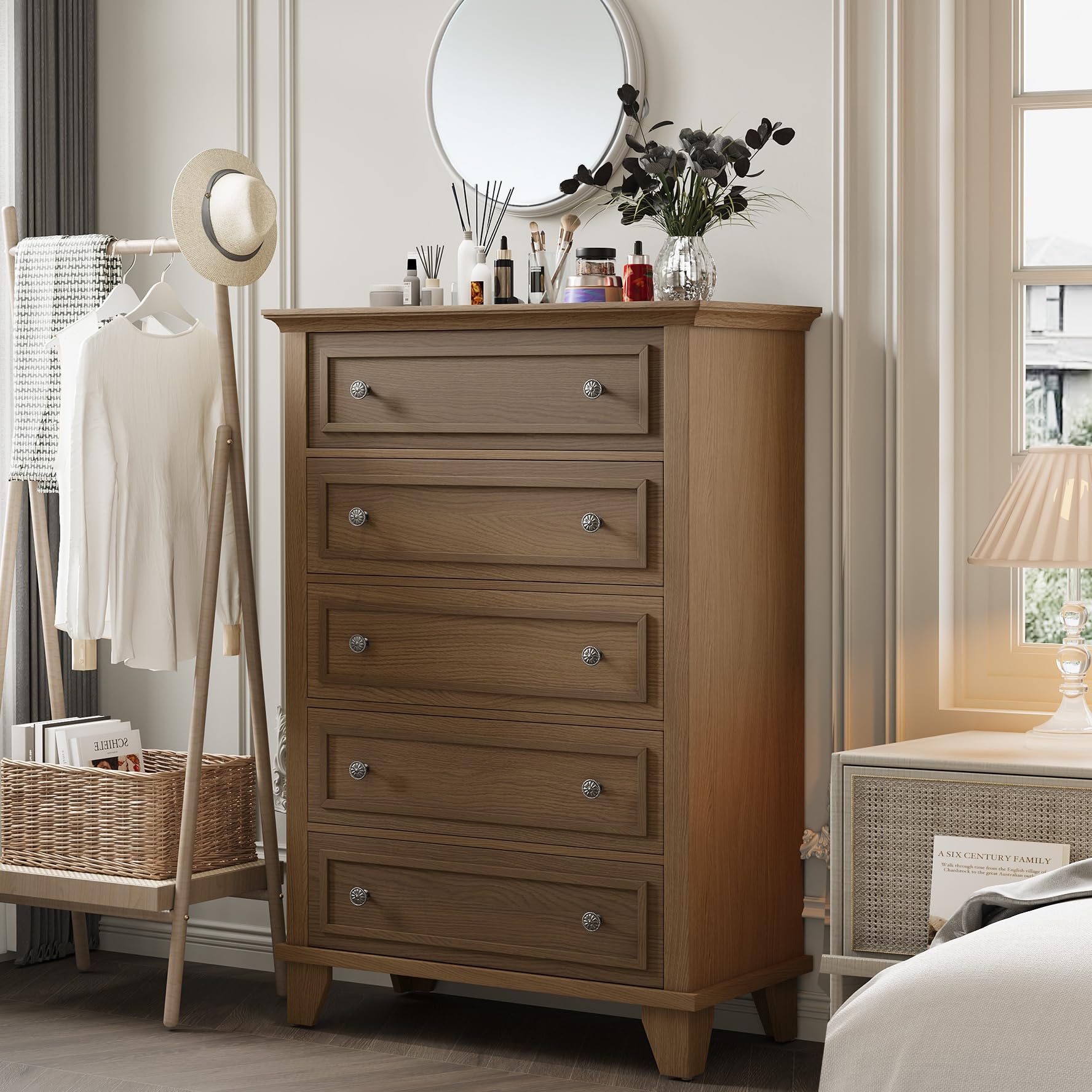 Garvee Spacious Storage Solution 5-Drawer Dresser Tall Modern Wood Chest Deep Drawers Metal Handles Bedroom Closet Living Room Hallway Organizer Brown