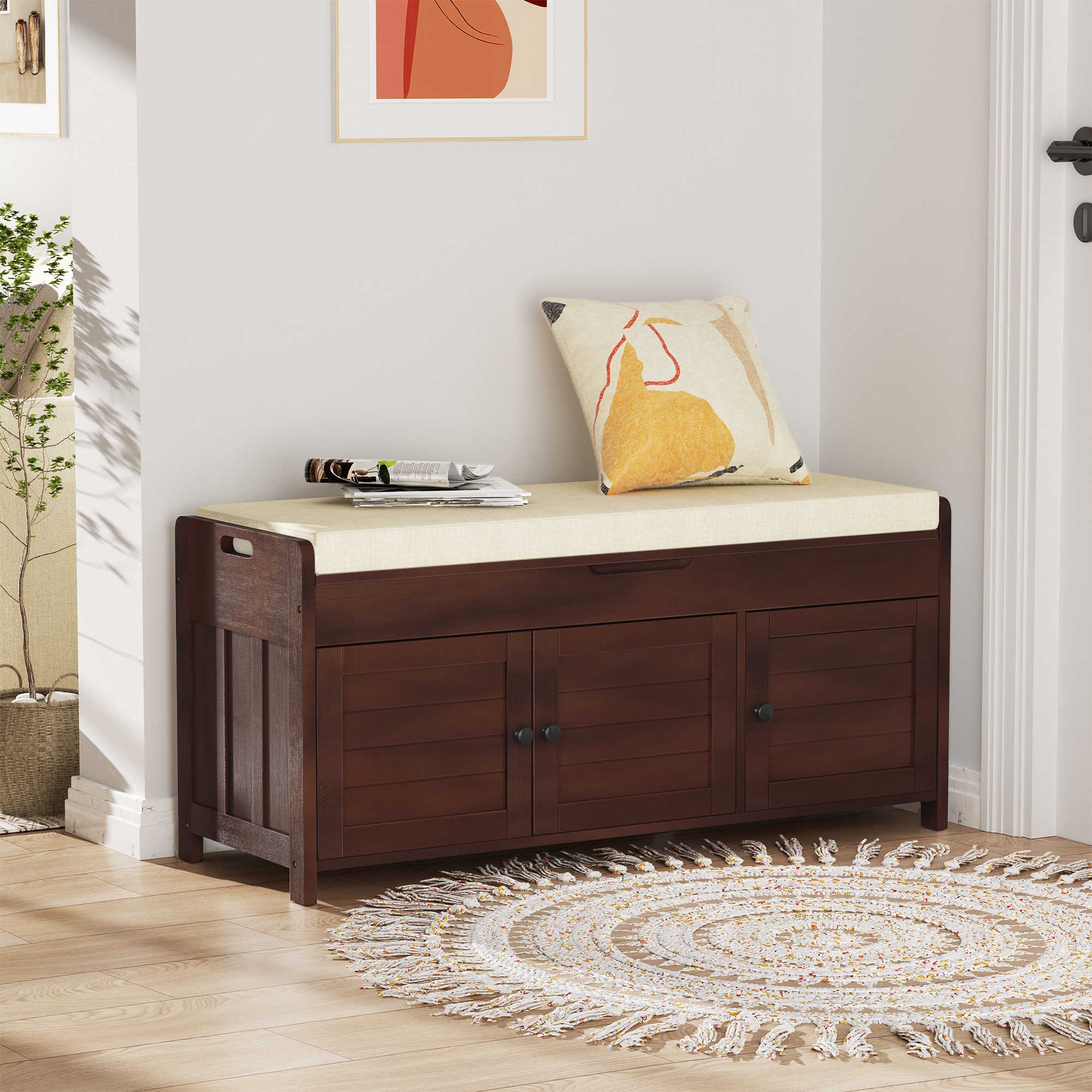 LOVMOR DD340051D8-YCM 43.5-in W x 20-in H x 16-in D Espresso Storage Bench for Entryway with Cushion and Hidden Storage