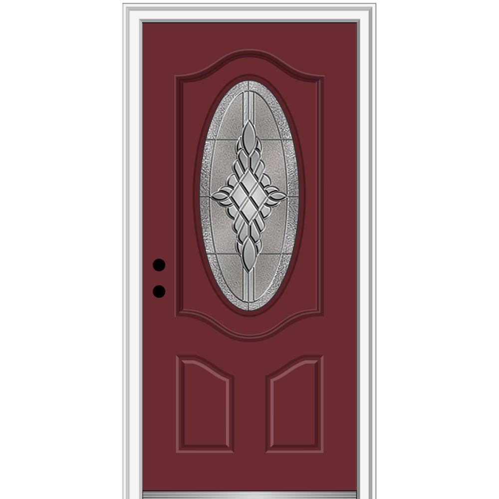 MMI DOOR ZZ3667298R 36-in x 80-in x 4-9/16-in Fiberglass Oval lite Right-hand inswing Burgundy Painted Prehung Front Door with Brickmould Insulating core