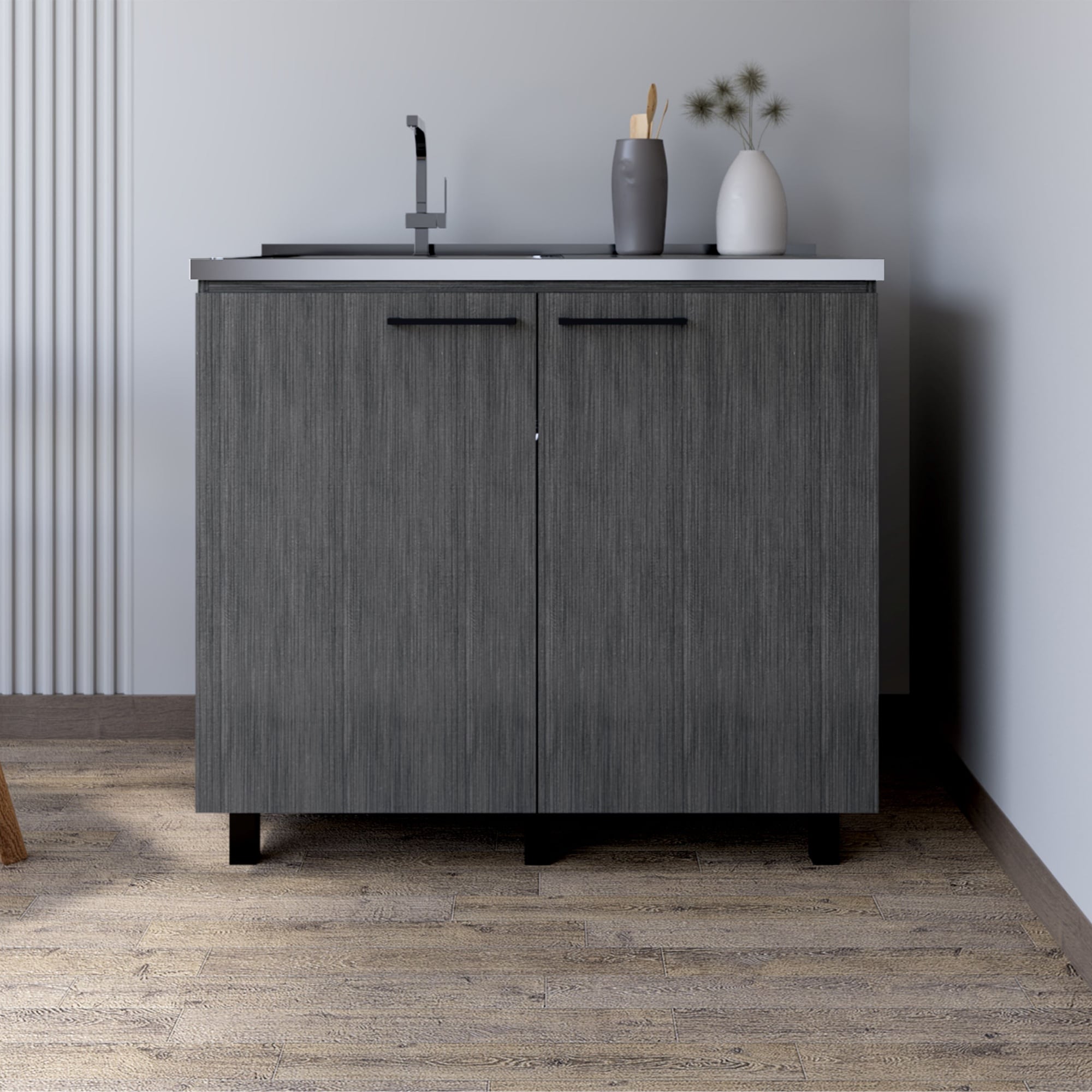 Wooakway Utility Sink Cabinet Kitchen Sink Cabinet with Stainless Steel Top Hidden Storage Utility Sink Modern Design for Compact Kitchens Laundry Room Utility Spaces Smokey Oak