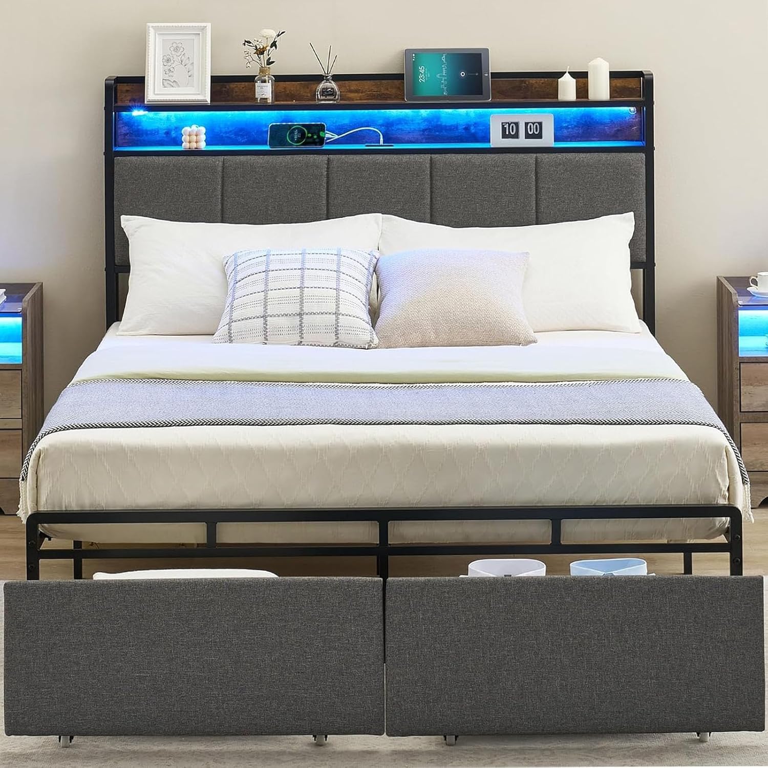 Qeetex DHZ-PHO-10MADKZH Full Bed Frame with Storage Headboard Led Lights Charging Station Upholstered Full Platform Bed Frames with 2 Drawers No Box Spring Needed BedFrame with 2-Tier Headboard Shelf Rustic