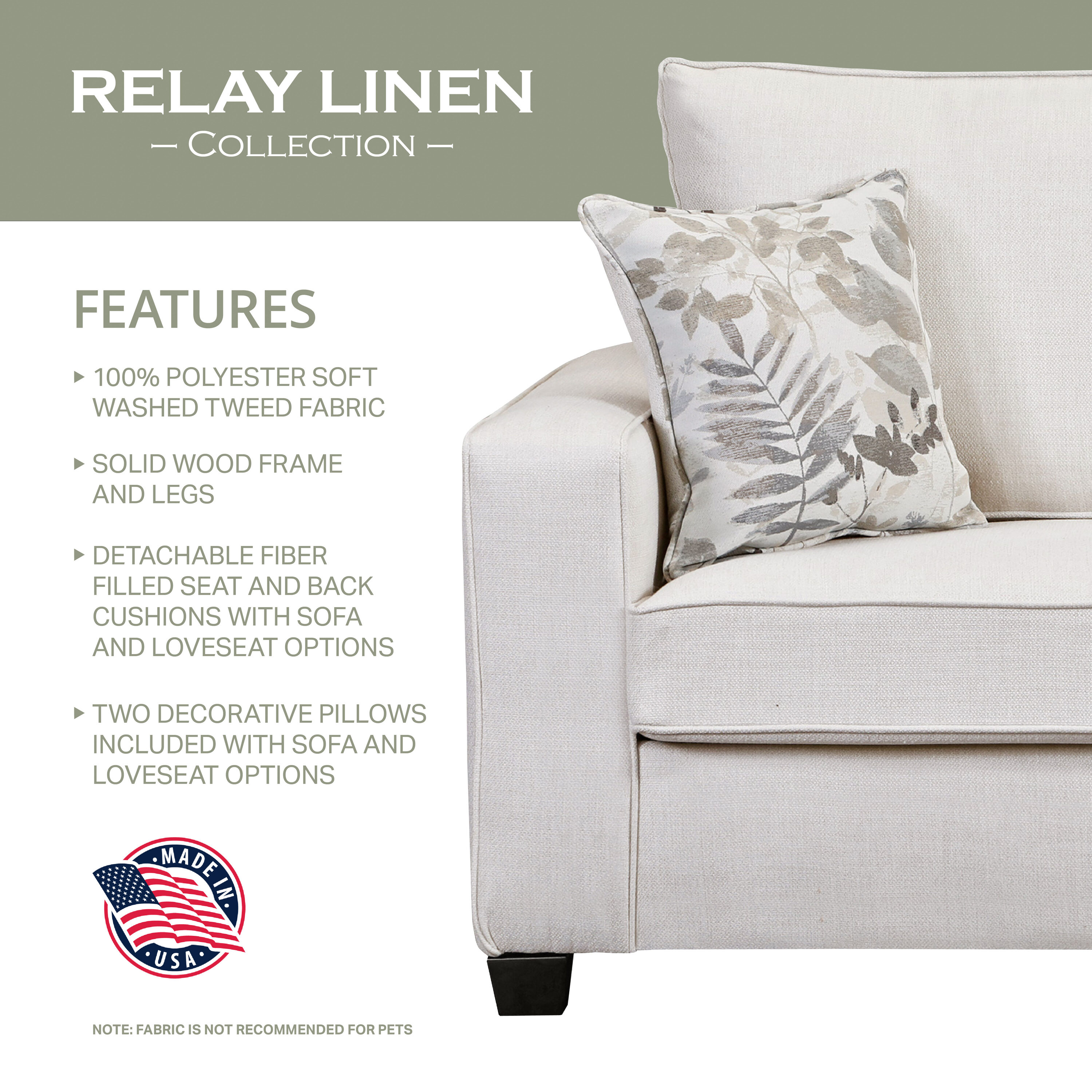 Relay Linen Sofa with Removable Cushions and Throw Pillows