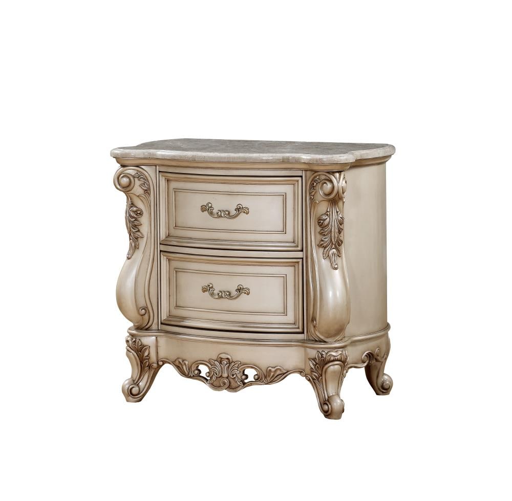 ACME FURNITURE Gorsedd Marble and Antique White Poplar Nightstand