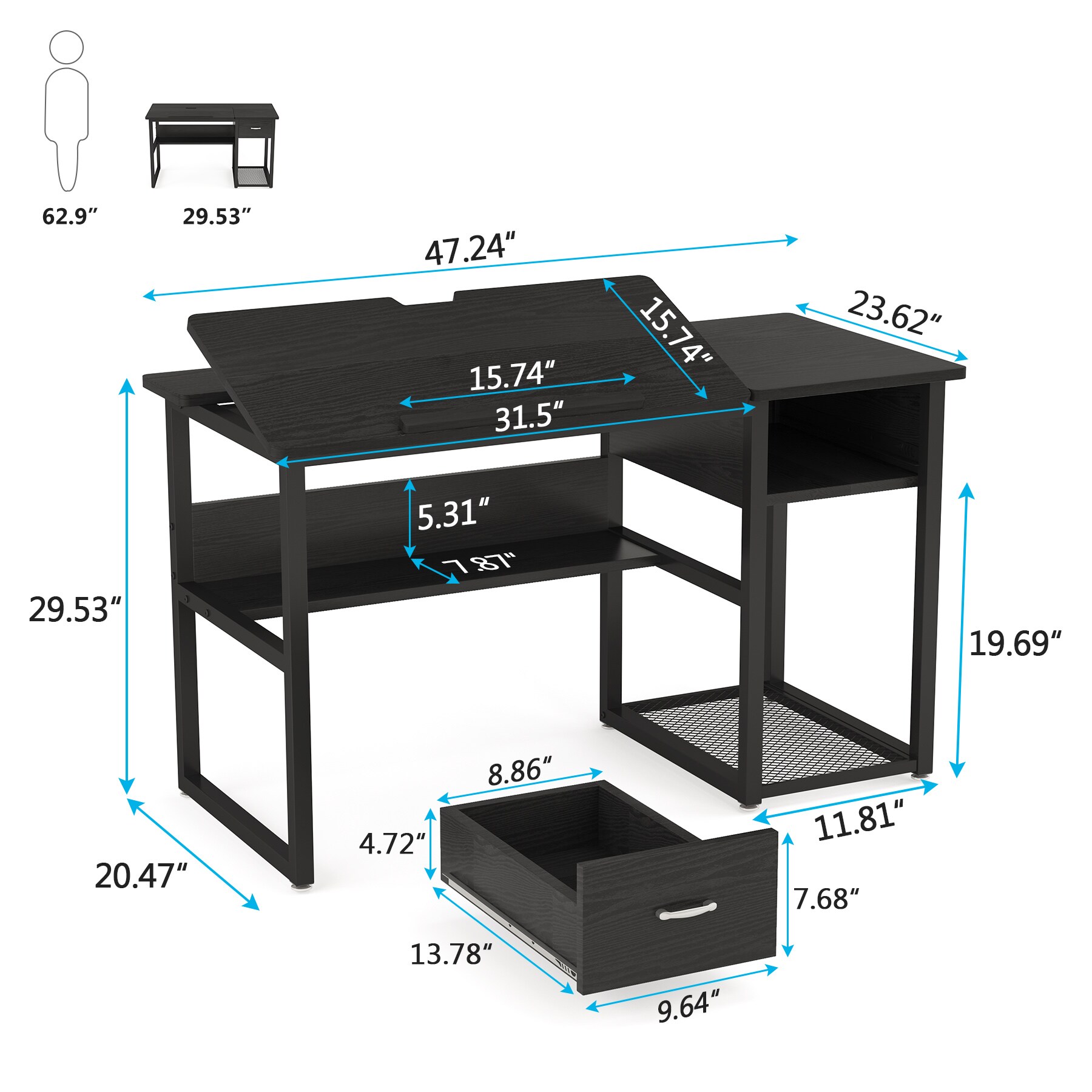 Tribesigns Hoga-C0453 47.2-in Black Modern/Contemporary Drafting Table ...