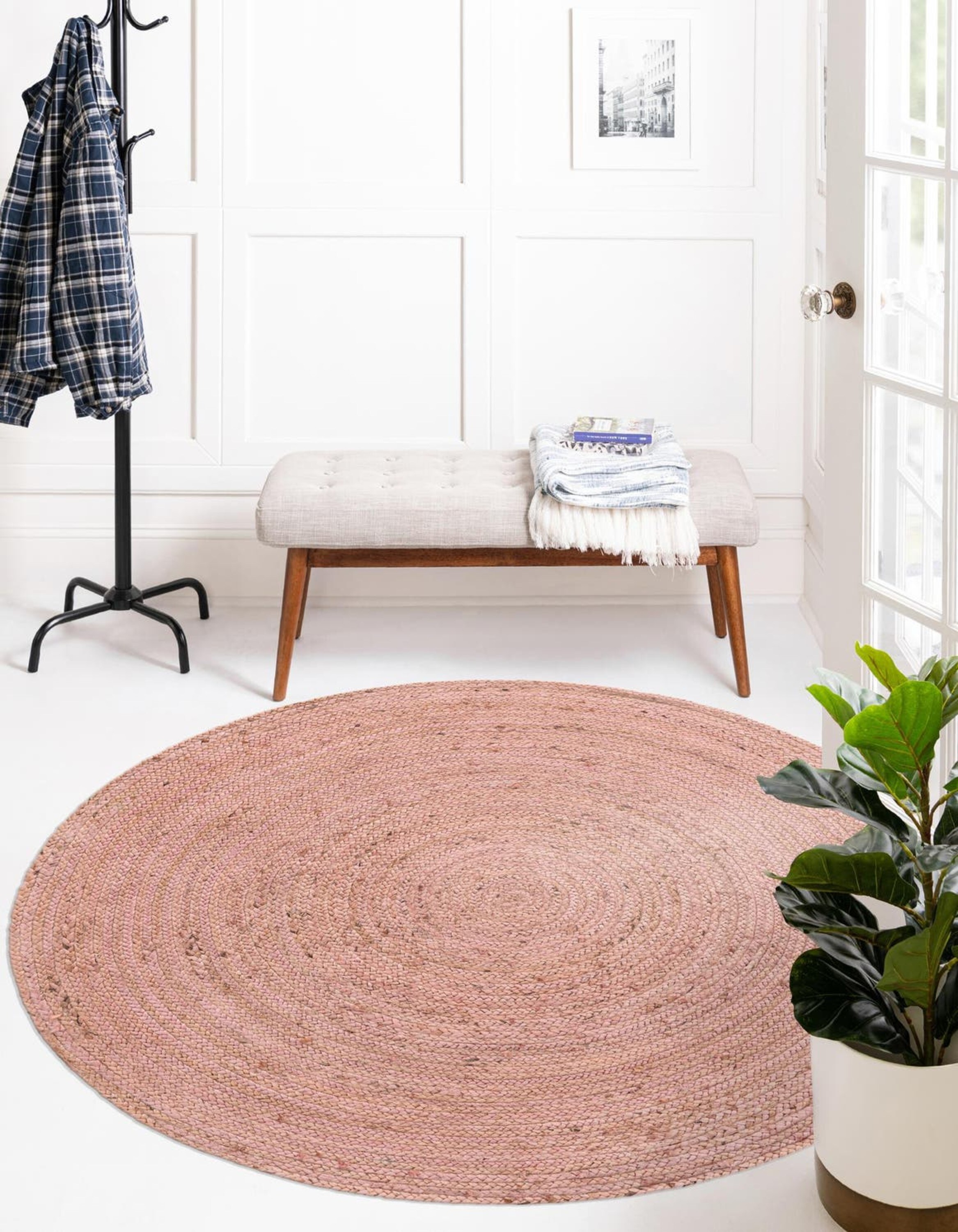 Unique Loom 3161100 Braided Jute 8 x 8 (ft) Braided Jute Light Pink Round Indoor Solid Area rug