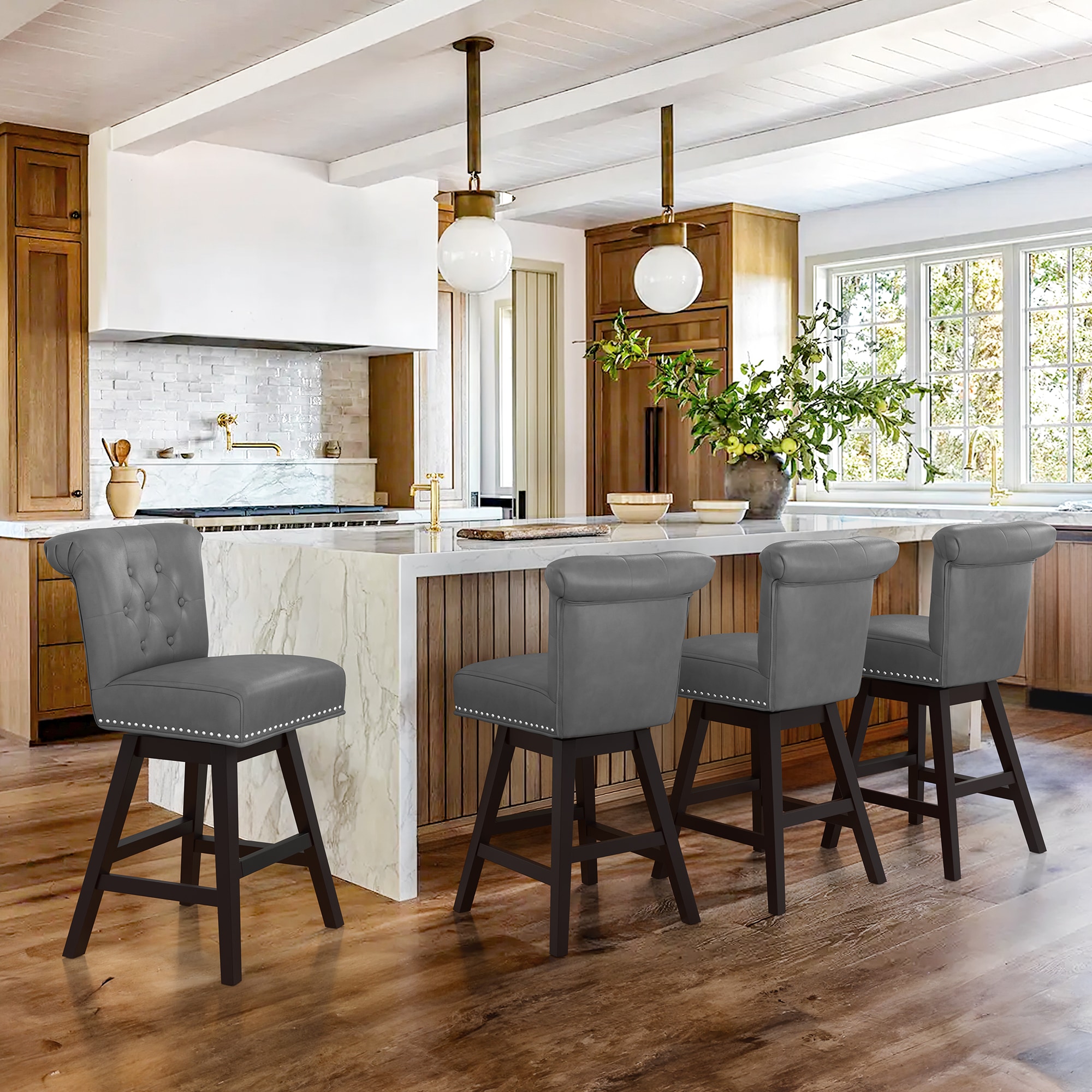 LUE BONA 4YB-015-02LS 4 -Set Gray/Faux leather 25.8-in H Counter height Square seat Upholstered Swivel Wood Bar Stool and Back