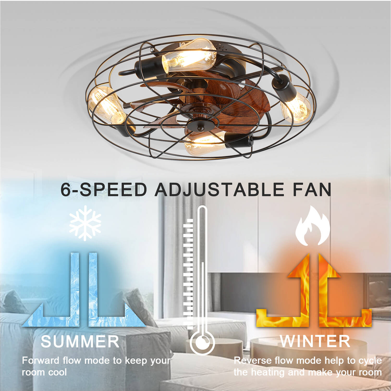 SINOFURN 20-in Black Indoor Flush Mount Cage Ceiling Fan and 