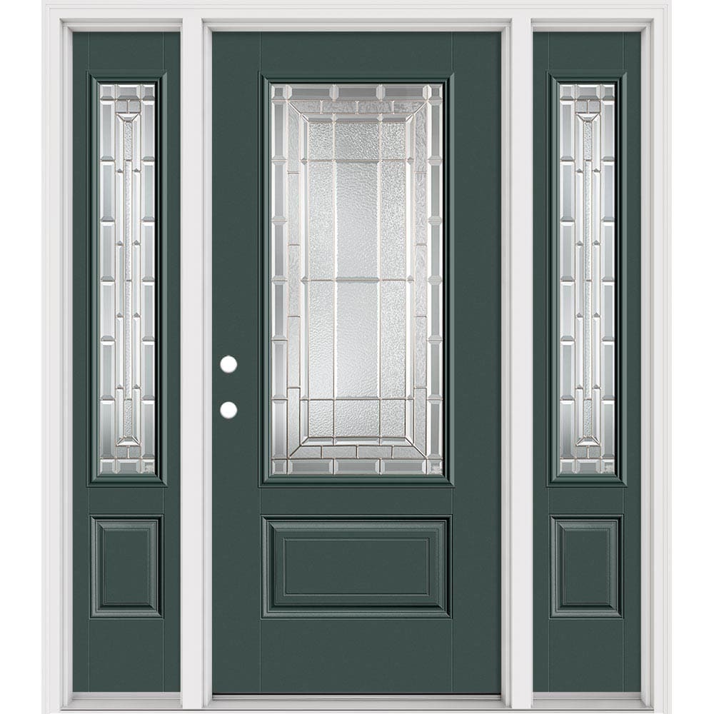 Masonite 631049 Sequence 64-in x 80-in x 4-9/16-in Fiberglass 3/4 lite Right-hand inswing Evergreen Painted Prehung Slab Front Door with Sidelights with Brickmould Insulating core