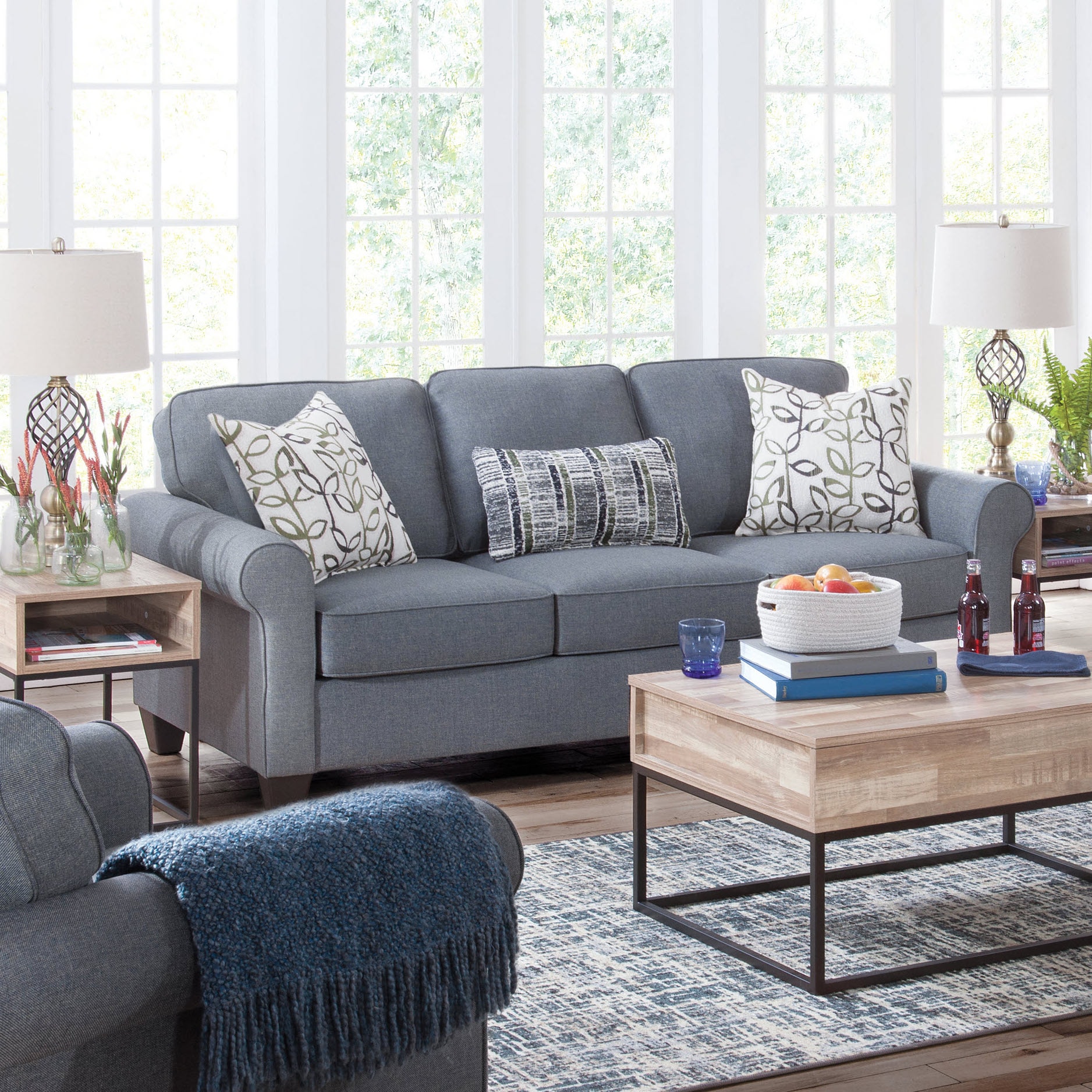 Classic Cottage Blue Fabric Sofa with Rolled Arms and Pillows