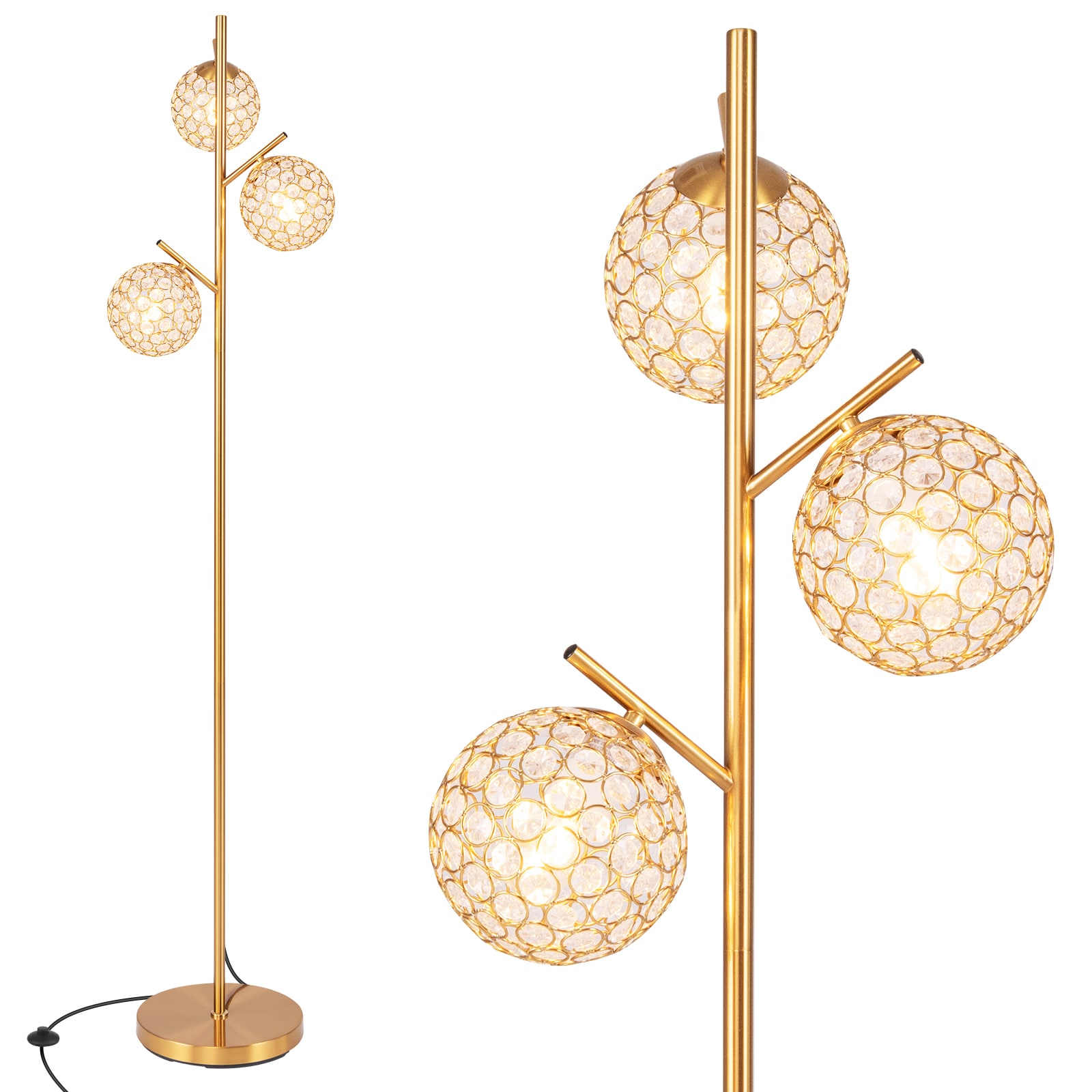 Volenca 11-in W x 66.5-in H 3-Light Floor Lamp Glass Globe Foot Switch Gold