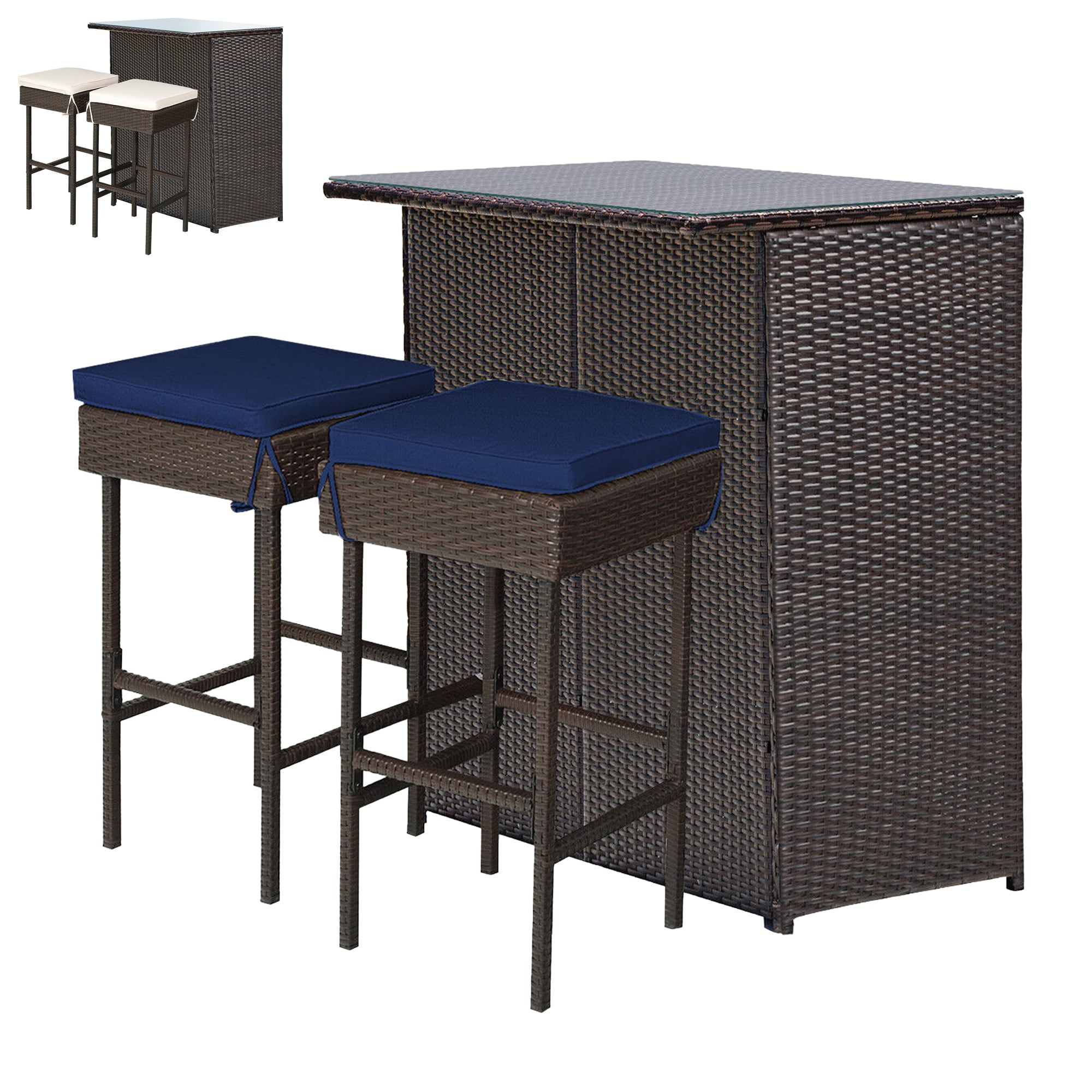 WELLFOR OUJ68745WH-NY 3 -Piece Brown Rattan Bar Height Patio Dining Set Rattan Rectangle Table with 2 Blue Cushions Stationary Chairs