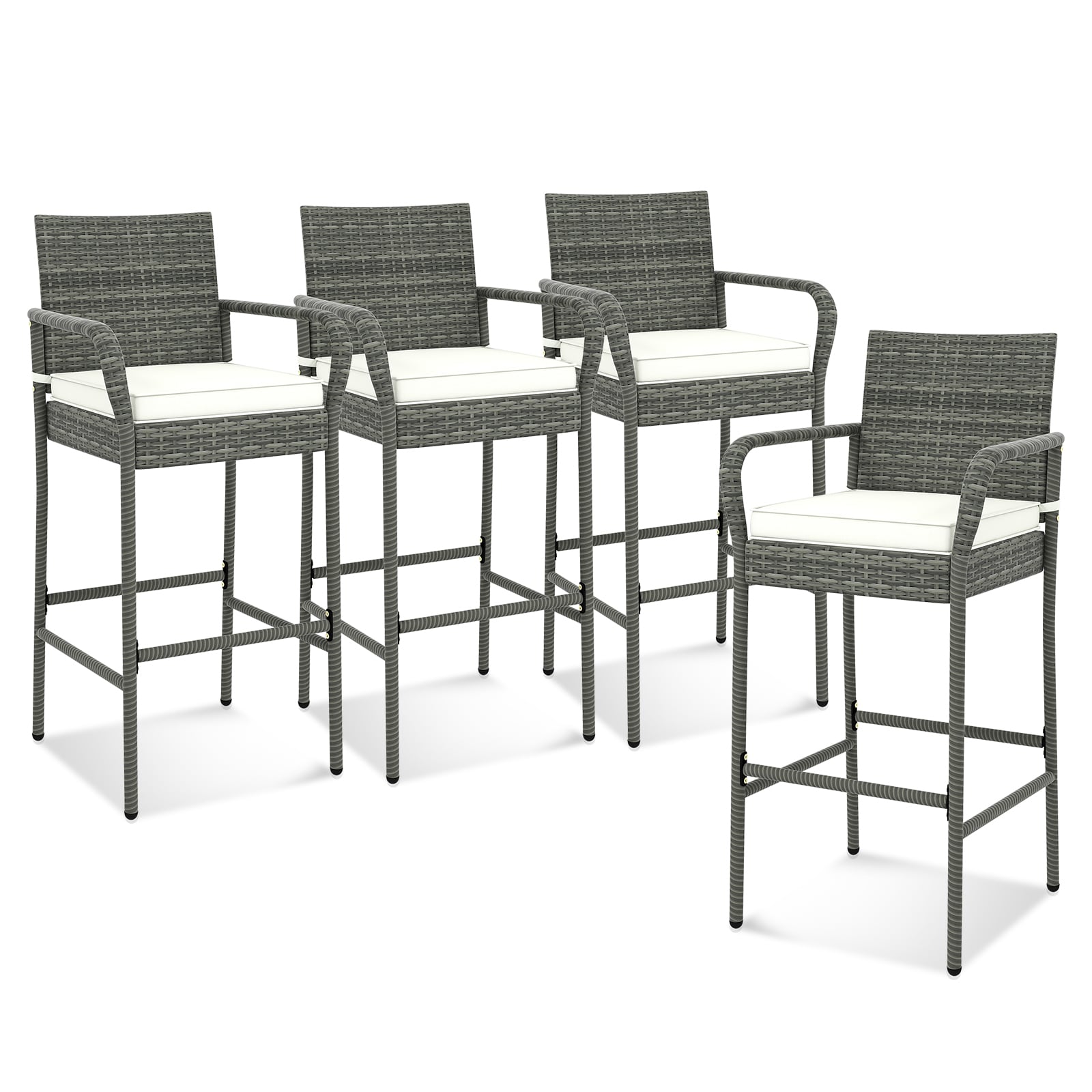 Slickblue D-CO-4-63617WH Set of 4 Wicker Stackable Grey Powder-Coated Metal Frame Bar Chair with Off-White Cushion Seat for Patio Deck Balcony Use
