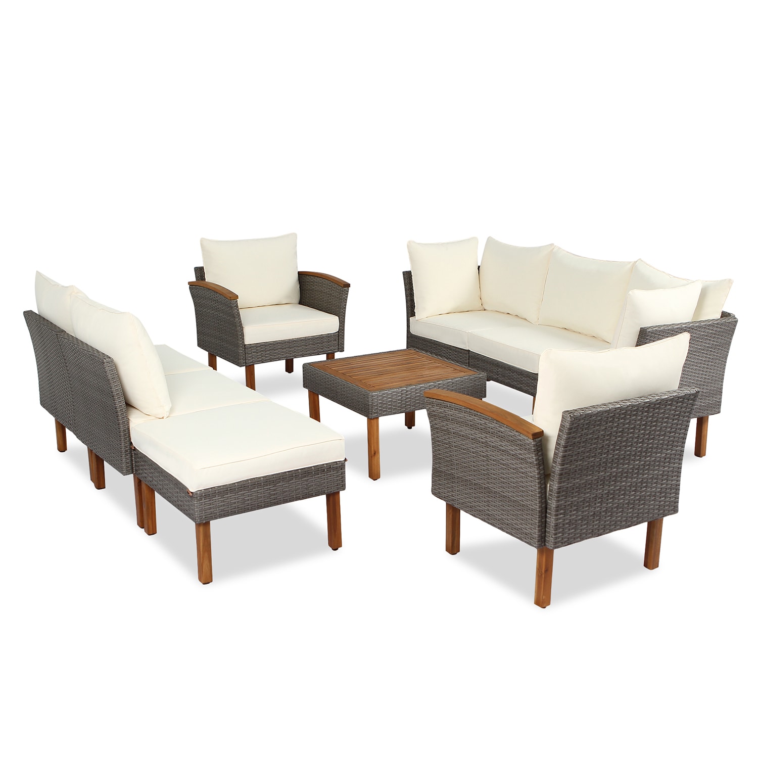 SINOFURN SYA380189BG Rattan Outdoor Sectional with Beige Cushions and Acacia Frame